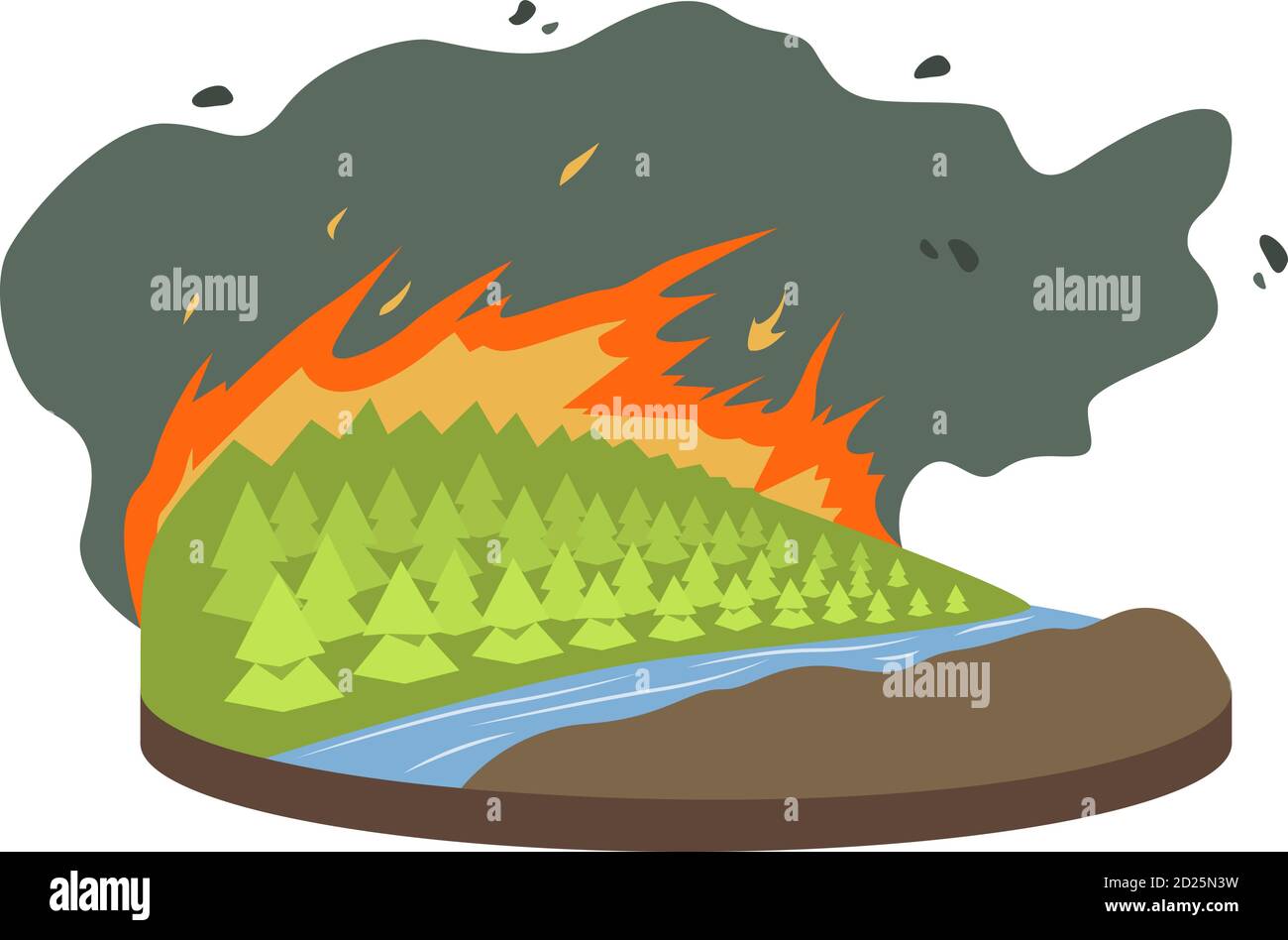 Wildfire Cartoon Vektor Illustration. Brennender Wald, Wälder. Feuer zerstört Wald. Kataklysma. Extreme Wetterbedingungen. Flache Farbe natürlich Stock Vektor