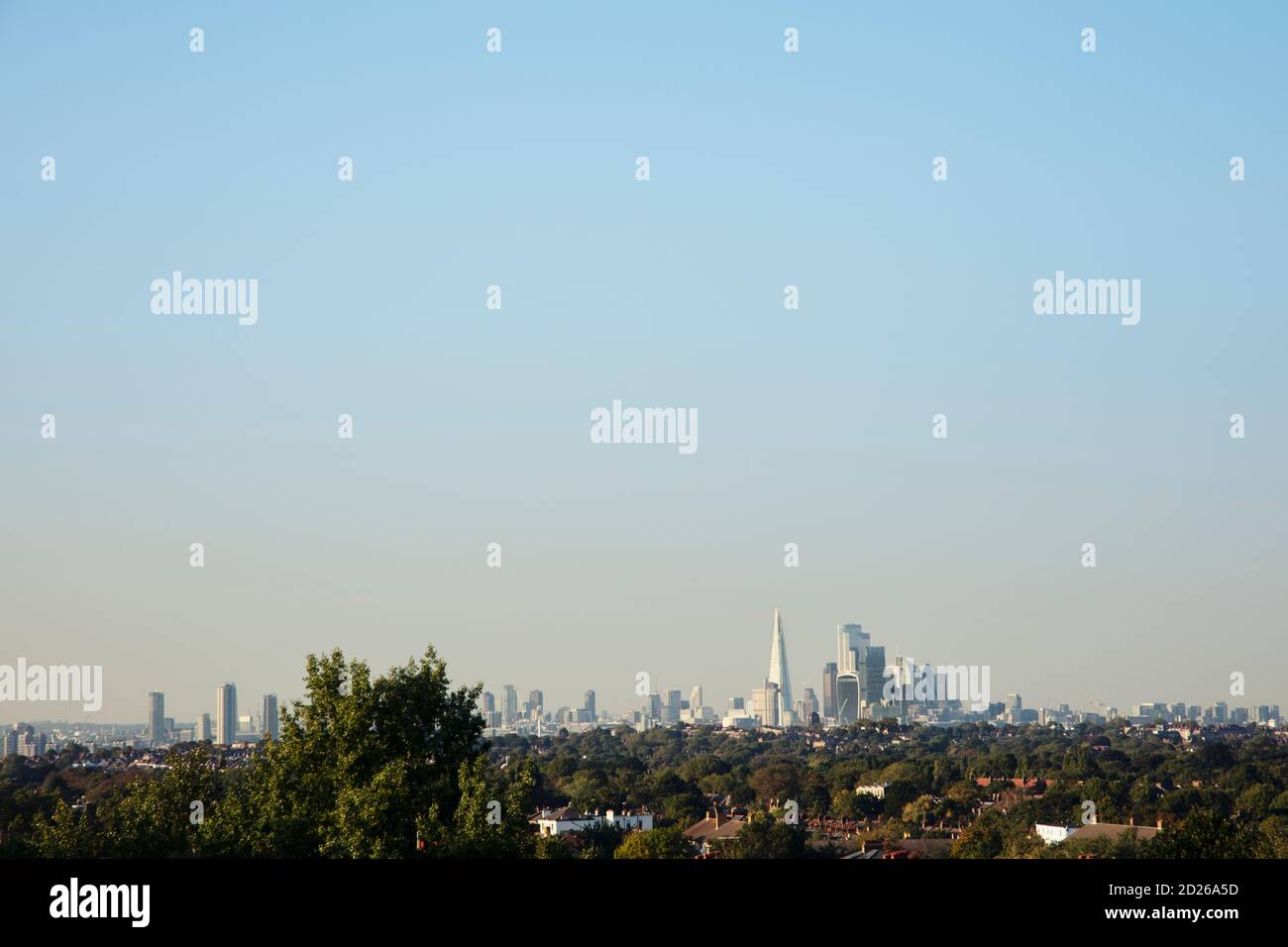 Die Skyline von Central London im Sommer, gesehen über Parkland und Wald Stockfoto