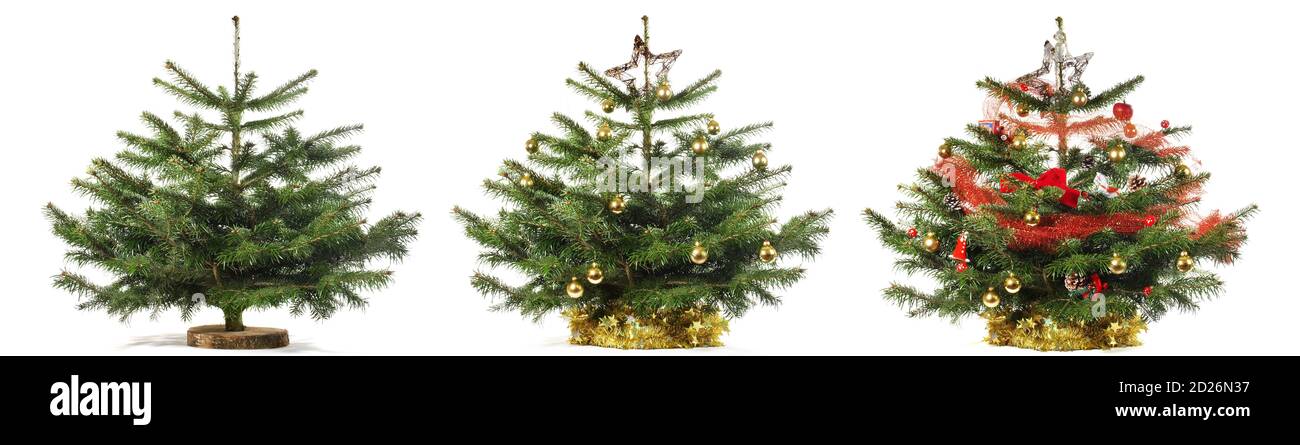 Dekorieren Sie den kleinen klassischen Weihnachtsbaum am Heiligabend - isoliert Auf weißem Hintergrund Stockfoto