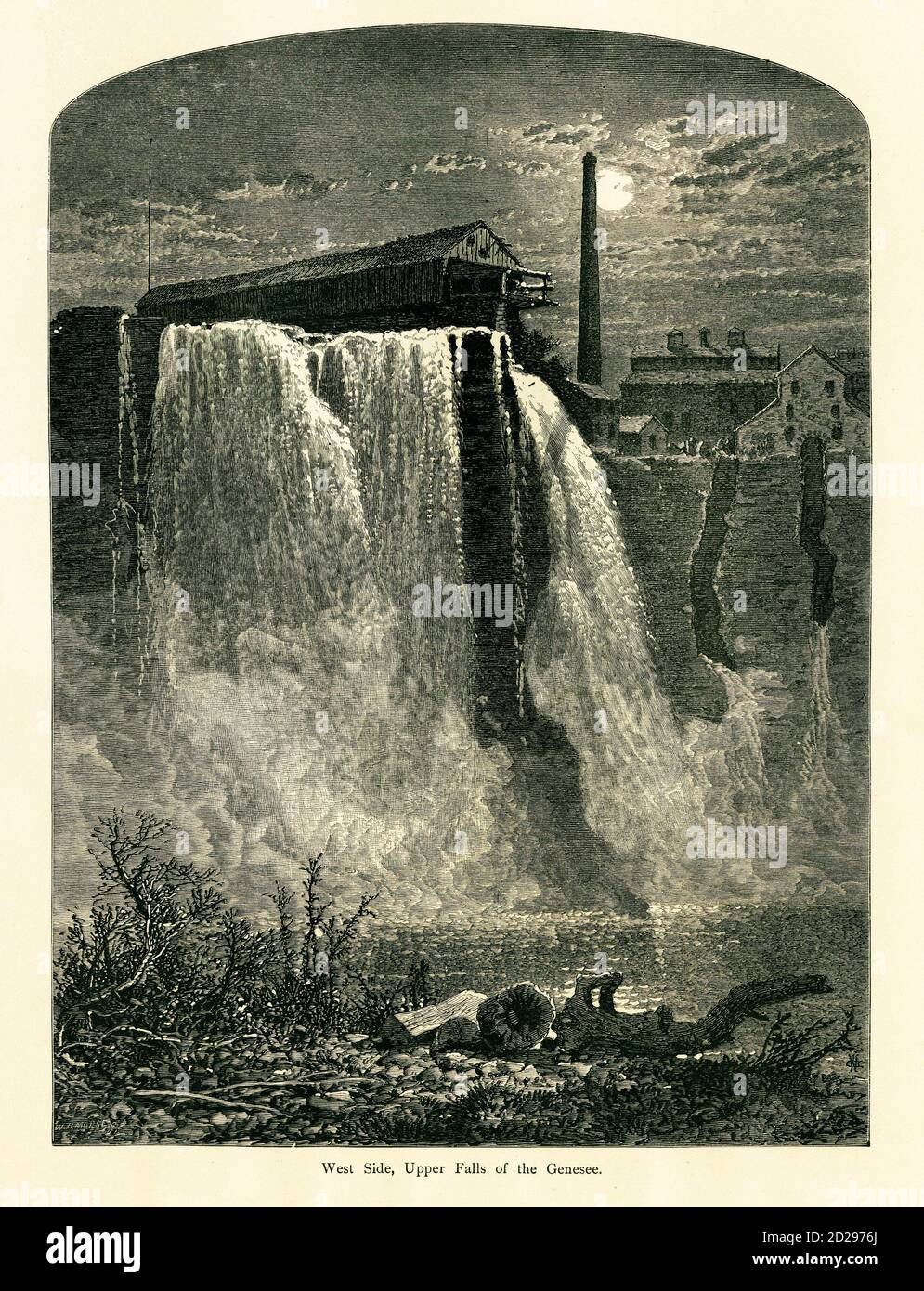 Gravur der Westseite der Upper Falls aus dem 19. Jahrhundert im Portage Canyon, US-Bundesstaat New York. Stich veröffentlicht im malerischen Ameri Stockfoto