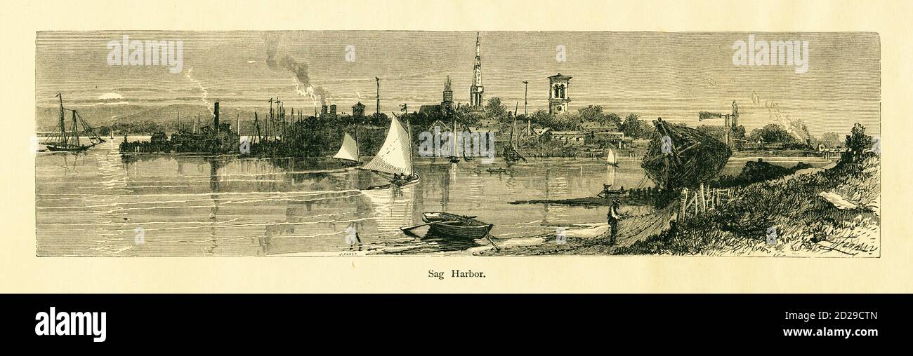 Stich aus dem 19. Jahrhundert von Sag Harbor, einem Dorf auf Long Island, im US-Bundesstaat New York. Illustration veröffentlicht im malerischen Amerika o Stockfoto