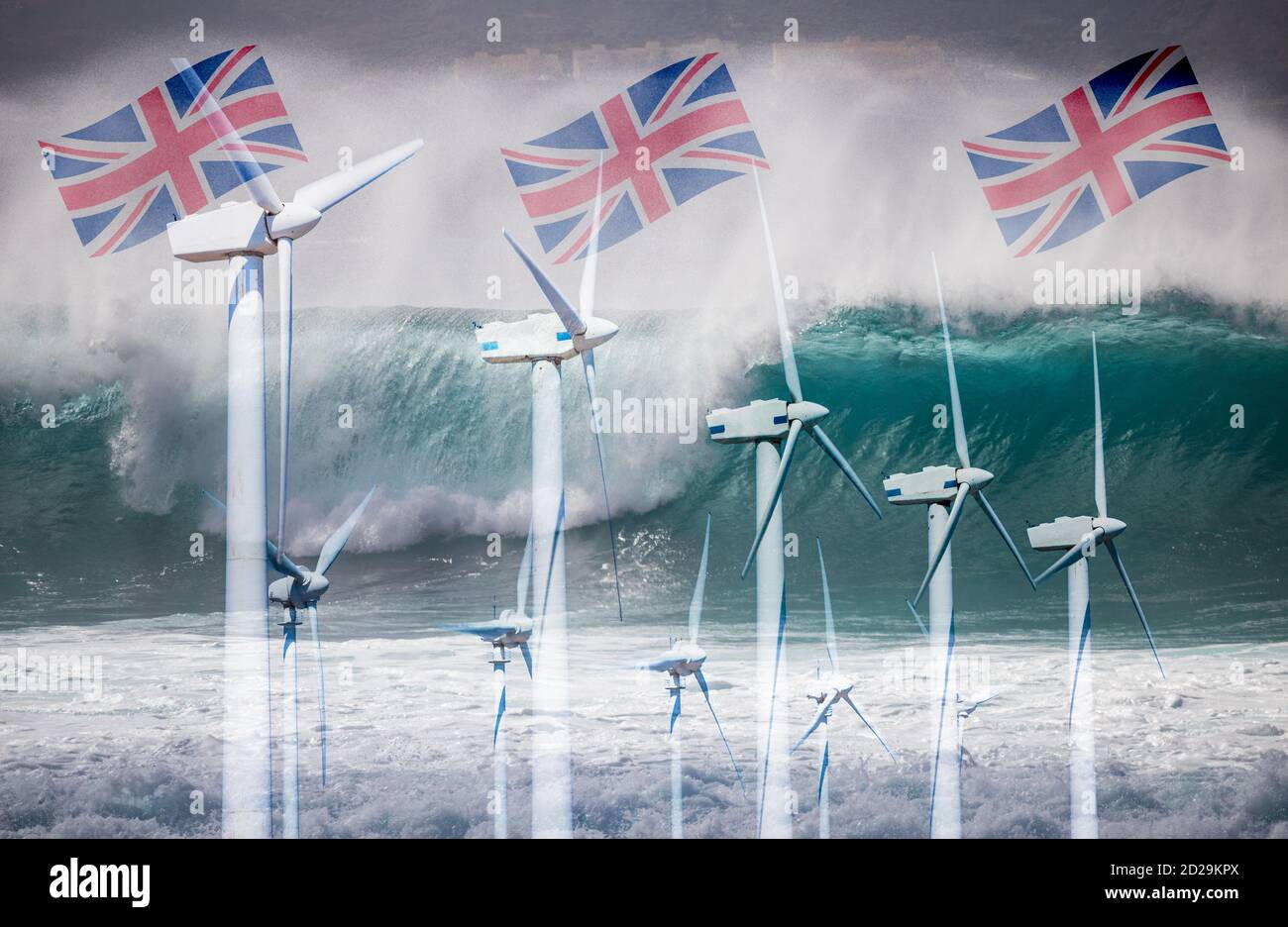 Offshore-Windturbine und brechende Welle.Wind und Wellenenergie, saubere erneuerbare Energie Konzept. Stockfoto