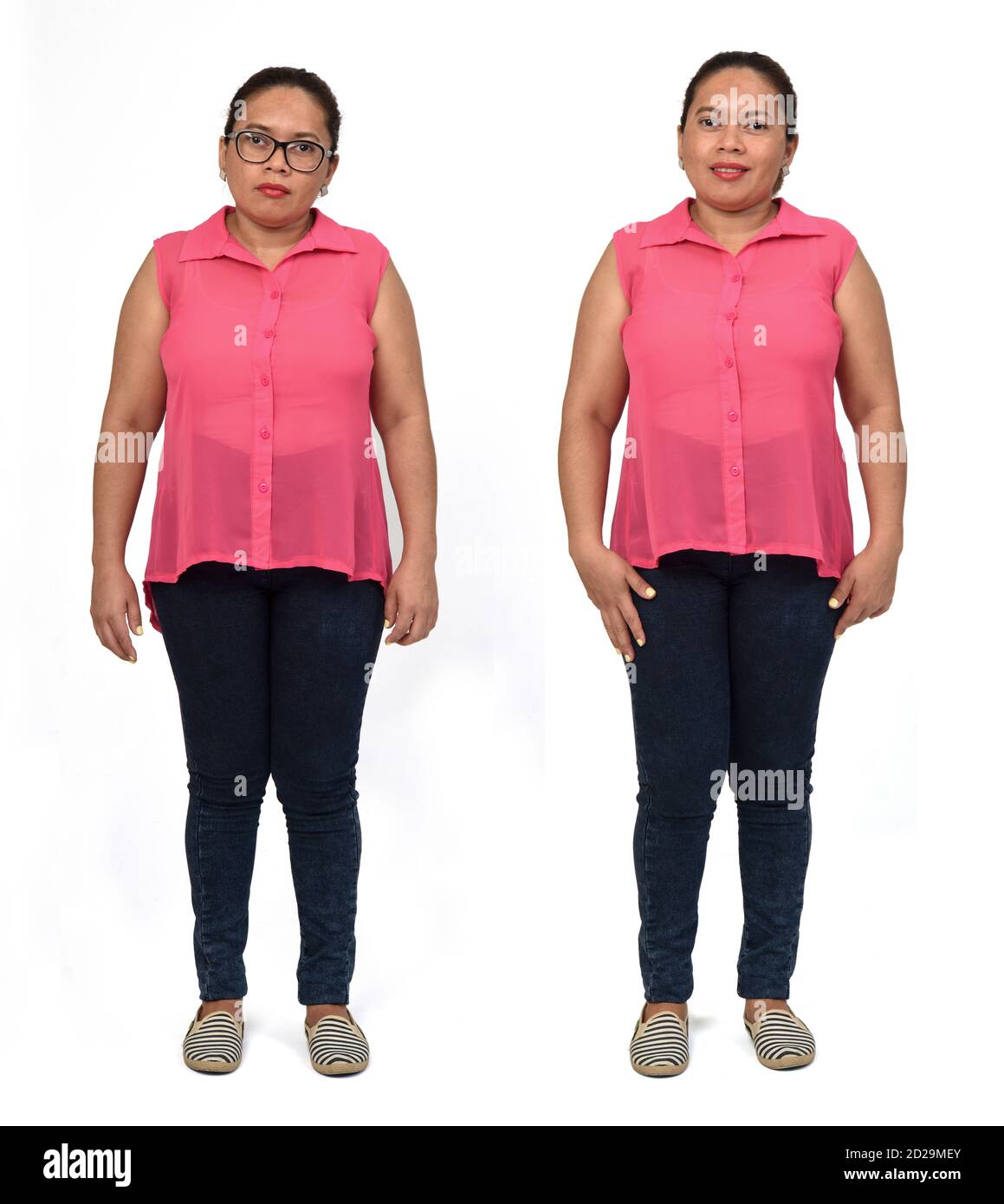 Dieselbe Frau mit Brille und ohne Brille auf Weiß Hintergrund Stockfoto