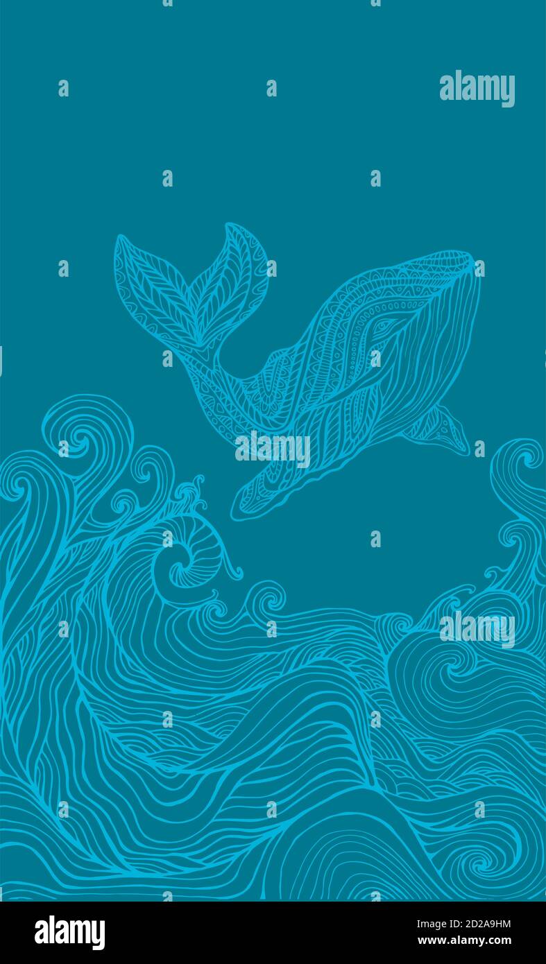 Wal- und Meereswellen, monochrome blaue Malseite. Stock Vektor