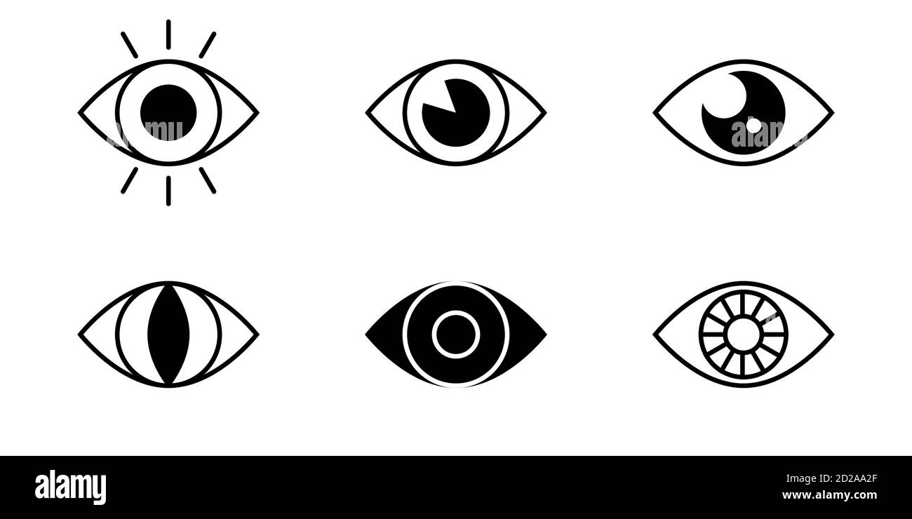 Symbol für sechs Augen eingestellt. Schwarze Augen-Symbole isoliert auf weißem Hintergrund. vektor-Illustration. Stock Vektor Symbol für sechs Augen eingestellt. Schwarze Augen-Symbole isoliert auf weißem Hintergrund. vektor-Illustration. Stock Vektor