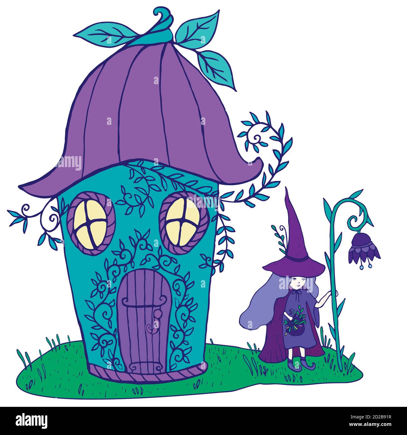 Märchenhaus Glockenblume, Hexe in einem Hut mit lila Haaren und Stock Vektor