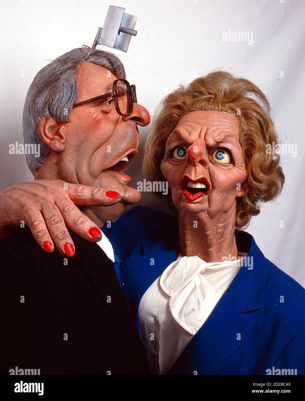 Spucken Bildpuppen: John Major und Margaret Thatcher Stockfoto