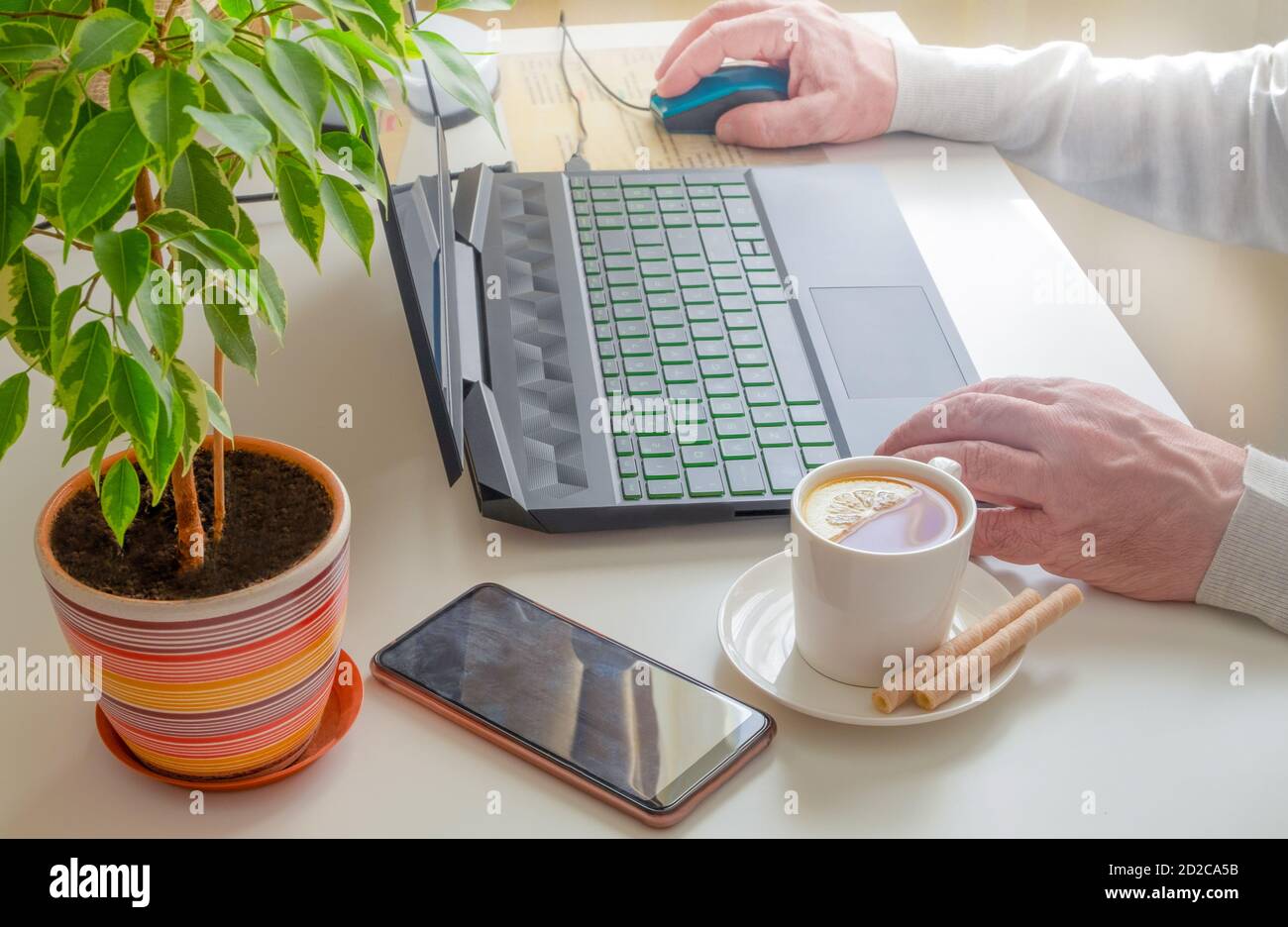 Ein Mann arbeitet zu Hause an einem Computer. Remote-Arbeit, soziales Distanzierungskonzept. Stockfoto