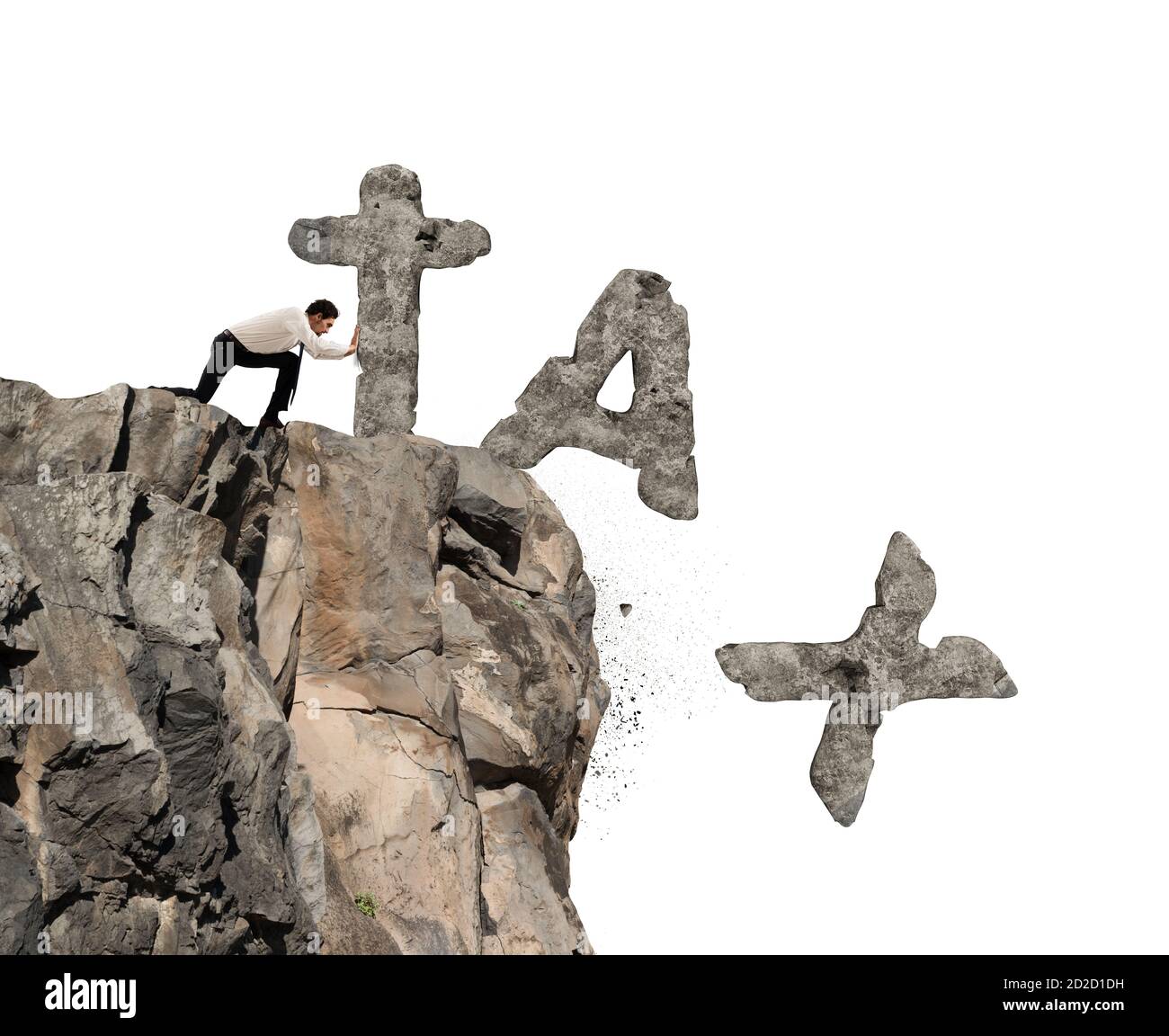 Businessman wirft vom Berg das Wort STEUER aus schwer Rock Stockfoto