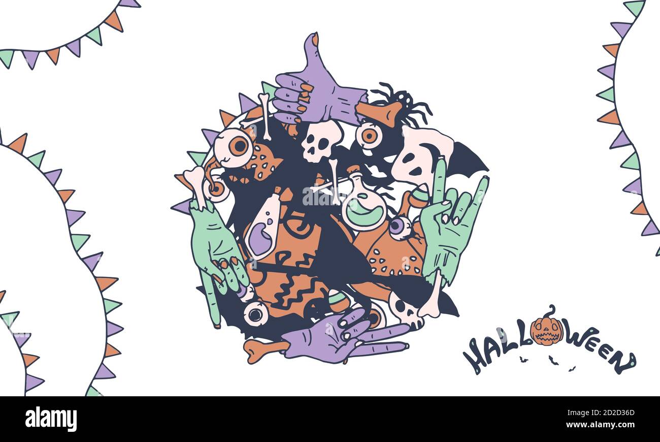 Halloween Banner auf weißem Hintergrund isoliert. Postkarte mit Kopieplatz für Einladung oder Geschenkkarte, Notizbuch, Badetuch, Sammelalbum. Telefontasche oder -Tuch Stock Vektor