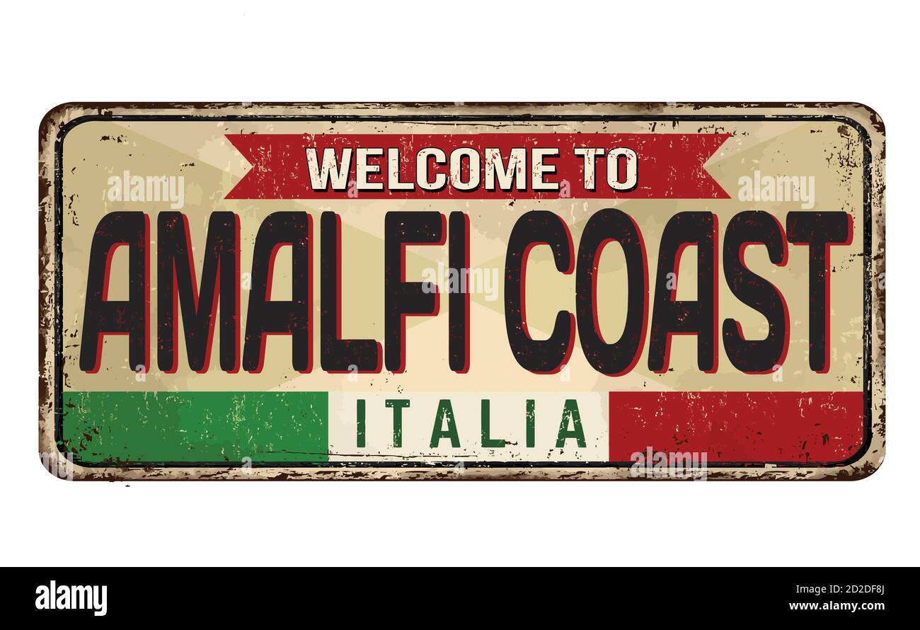 Willkommen bei Amalfi Küste vintage rostigen Metall-Zeichen auf einem weißen Hintergrund, Vektor-Illustration Stock Vektor