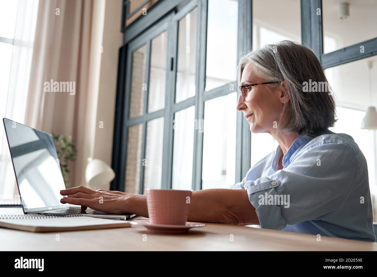 Lächelnd reife Frau mittleren Alters mit Laptop-Computer am Arbeitsplatz sitzen. Stockfoto