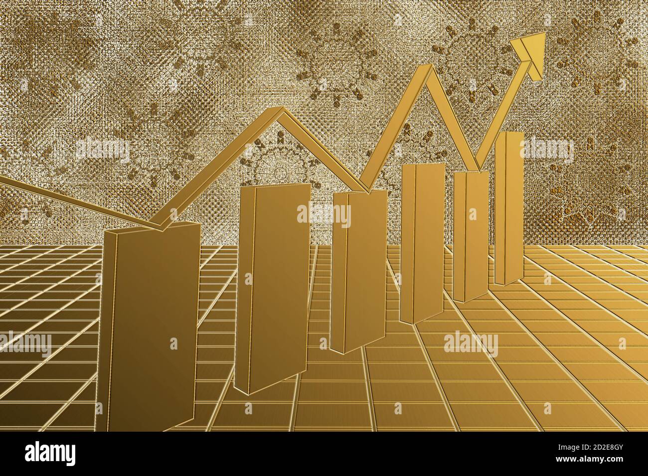 Ein abstraktes 3d-Diagramm mit goldener Trendleiste und Pfeil im Hintergrund. Stockfoto