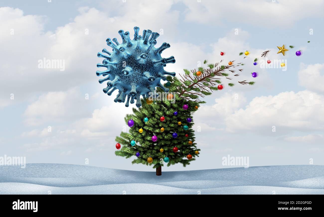 Weihnachtsvirus und Wintersaison Krankheitskonzept als abgesagte Feiertag saisonal geschmückten Baum Symbol für Gesundheit und Gesundheit Pandemie Ausbruch. Stockfoto