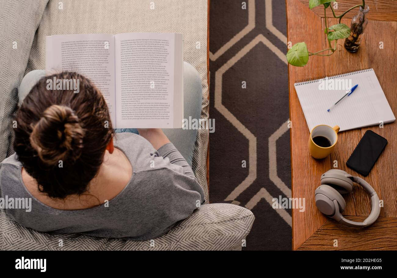 Frau zu Hause Buch Stockfoto