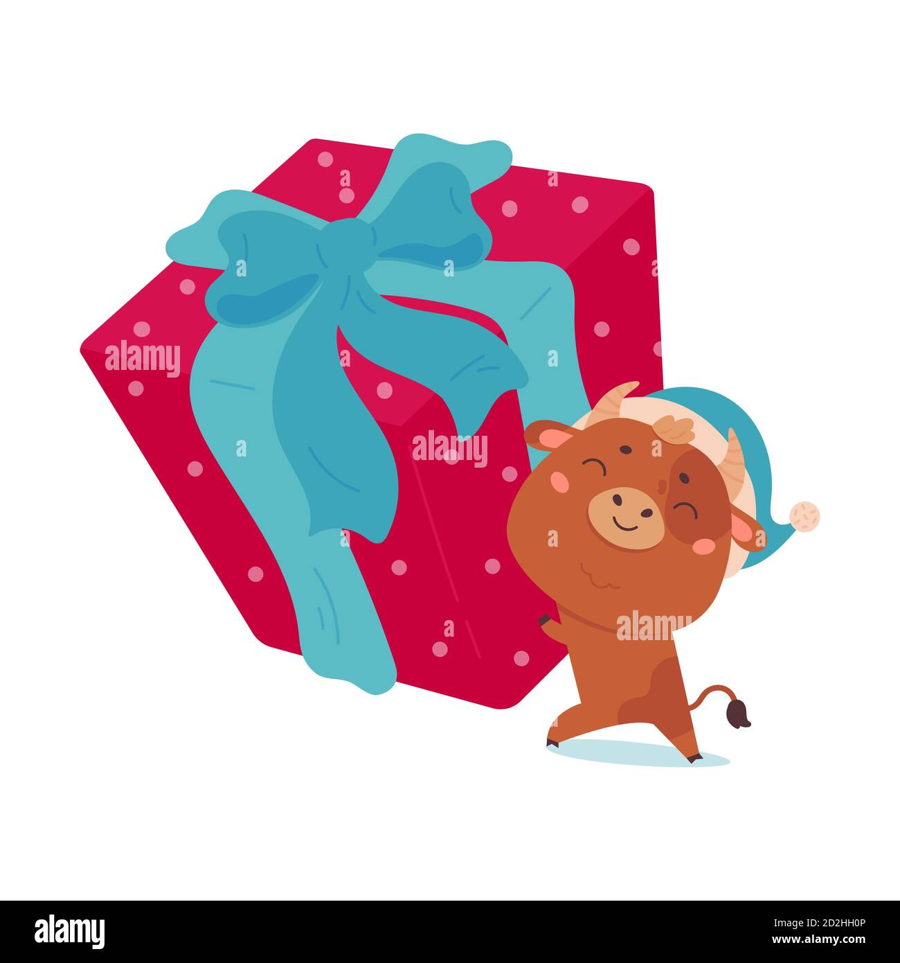 Cute Cartoon Stier mit einem riesigen Geschenk. Stock Vektor