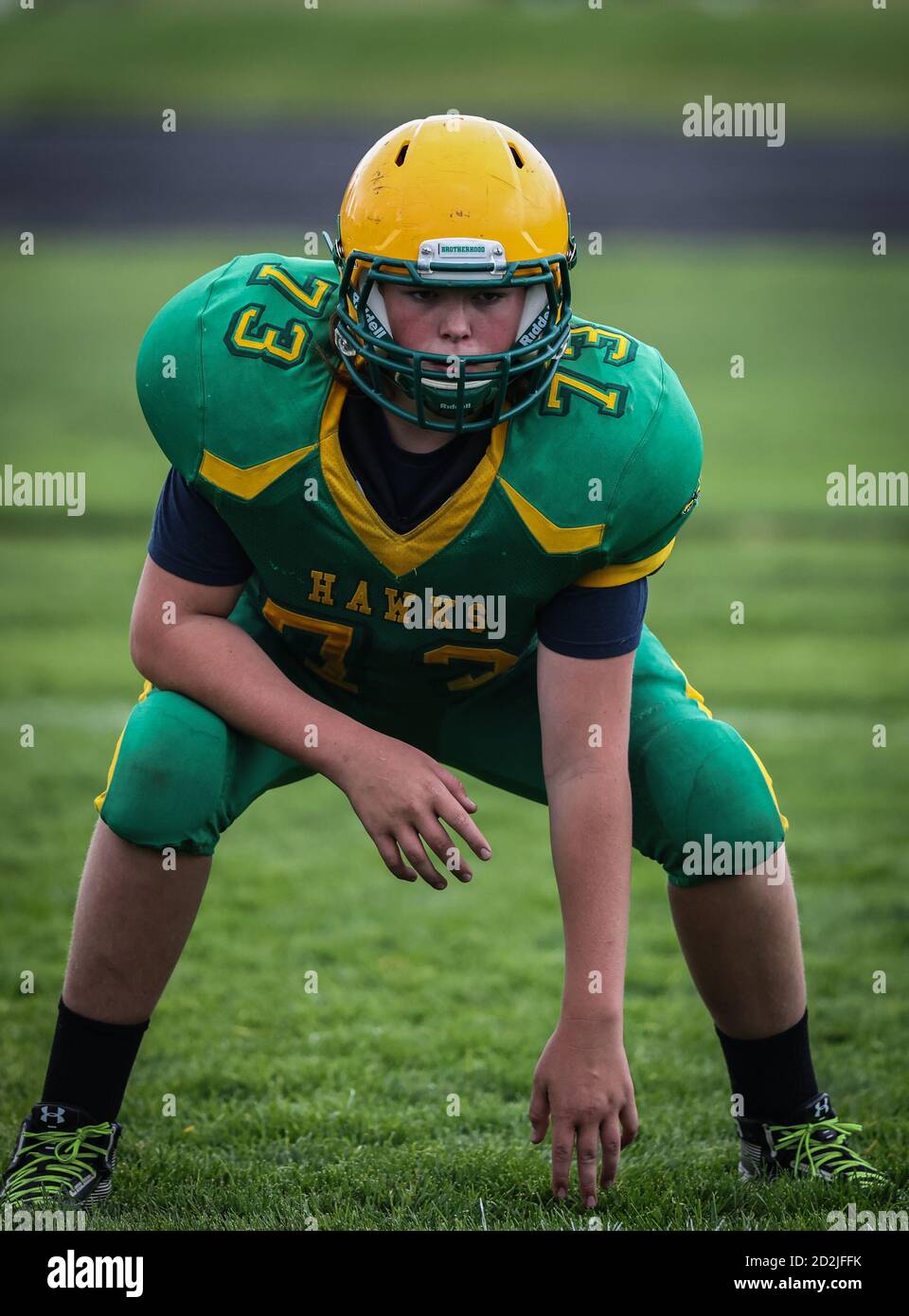 Mit den Neulingen der Lewiston vs. Lakeland High School in Rathdrum, Idaho, können Sie Fußball-Action angehen. Stockfoto