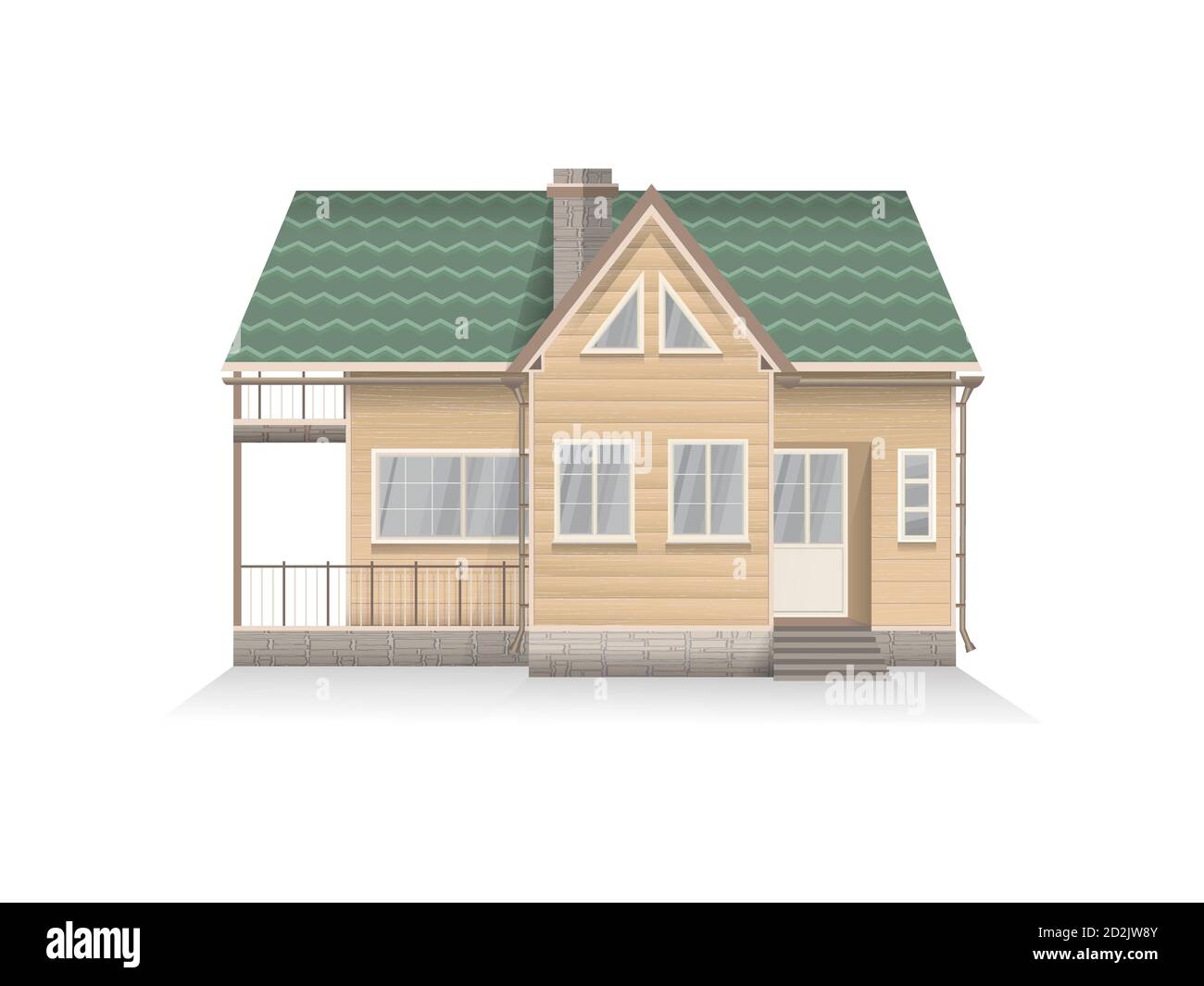 Vektor-Illustration von detaillierten Vorstadtfamilienhaus mit Mansarde. Holzhaus. Isoliert auf weißem Hintergrund. Stock Vektor