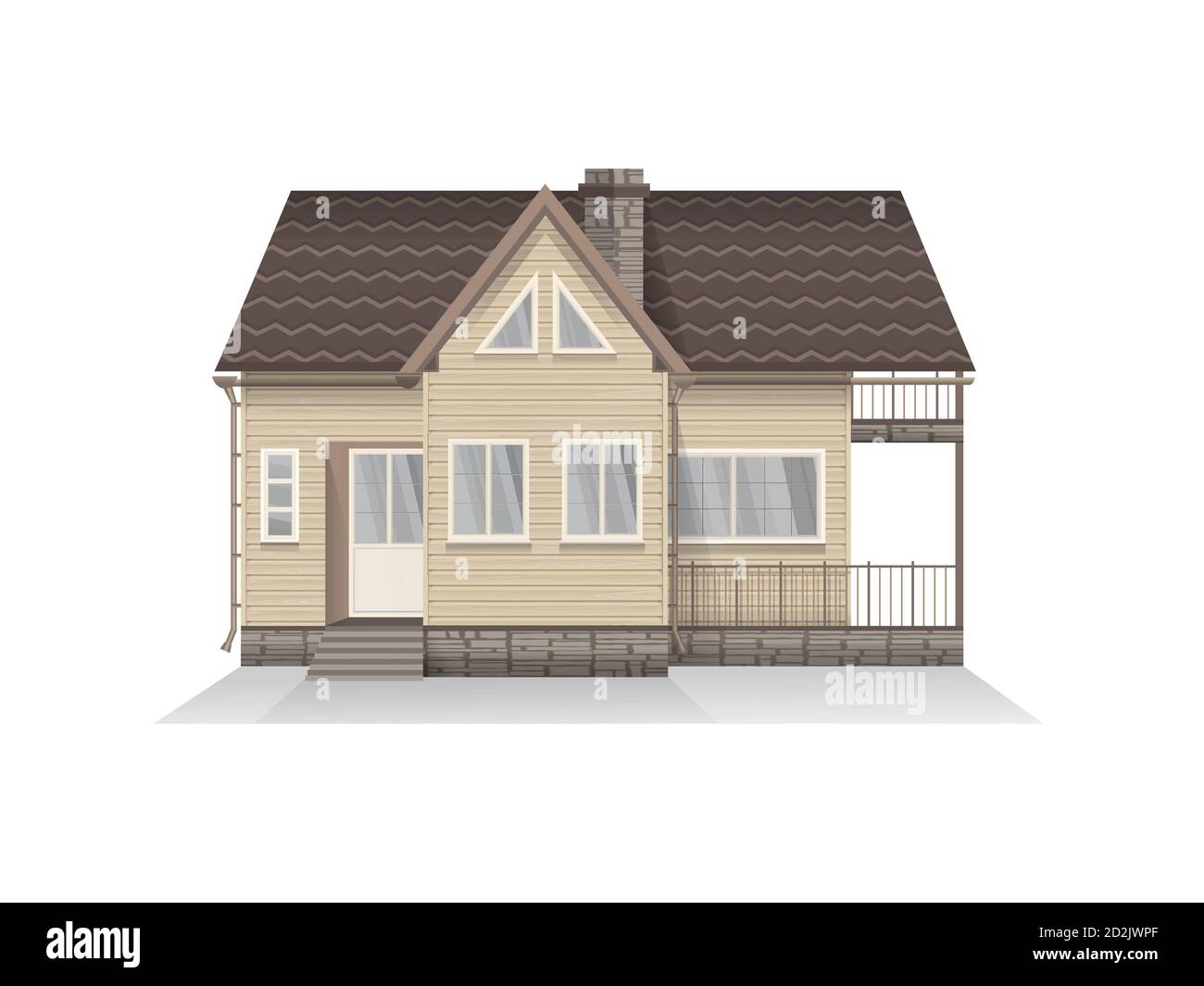 Vektor-Illustration von detaillierten Vorstadtfamilienhaus mit Mansarde. Holzhaus. Isoliert auf weißem Hintergrund. Stock Vektor