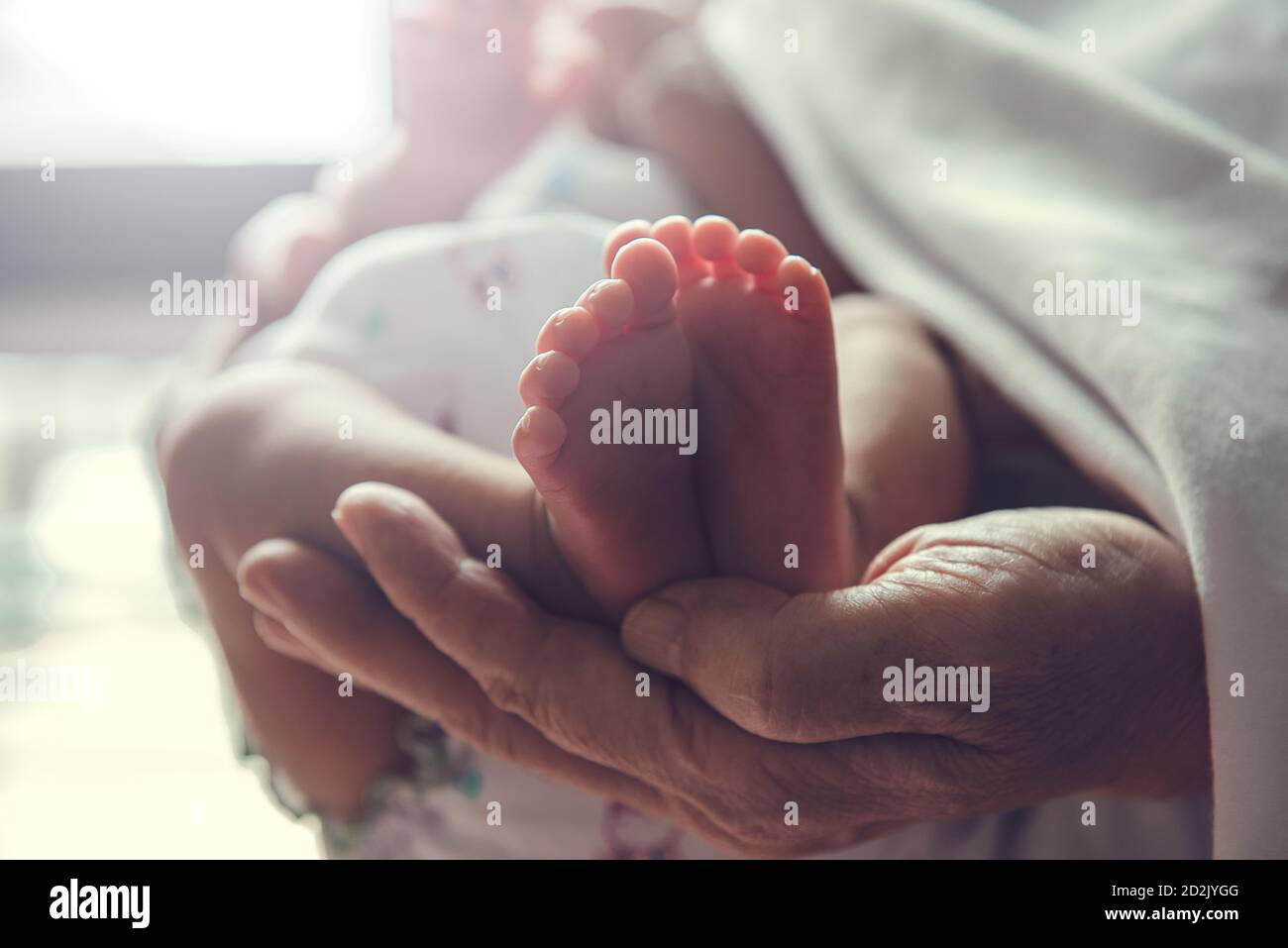 Elternteil hält kleines Kleinkind. Der Fuß des Babys ist im Fokus. Stockfoto