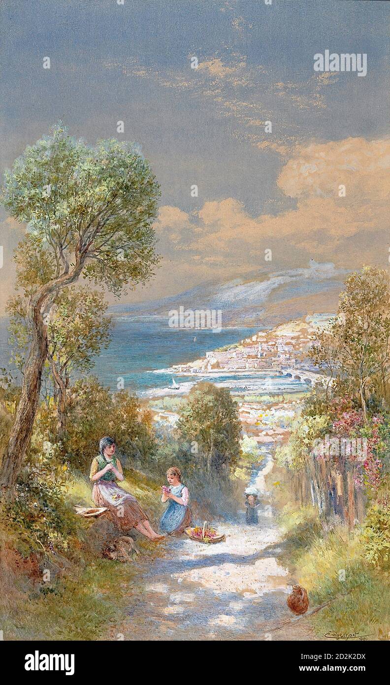 Engelhart Josef - Blick über Ventimiglia an der italienischen Riviera Von einem Spazierweg aus - Österreichische Schule - 19. Jahrhundert Stockfoto