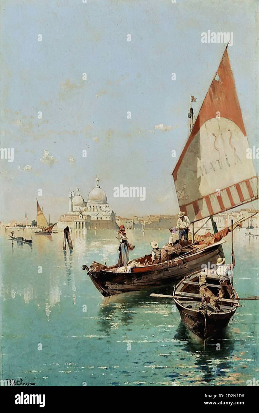Unterberger Franz Richard - Segelboot in einer Lagune von Venedig - Österreichische Schule - 19. Jahrhundert Stockfoto