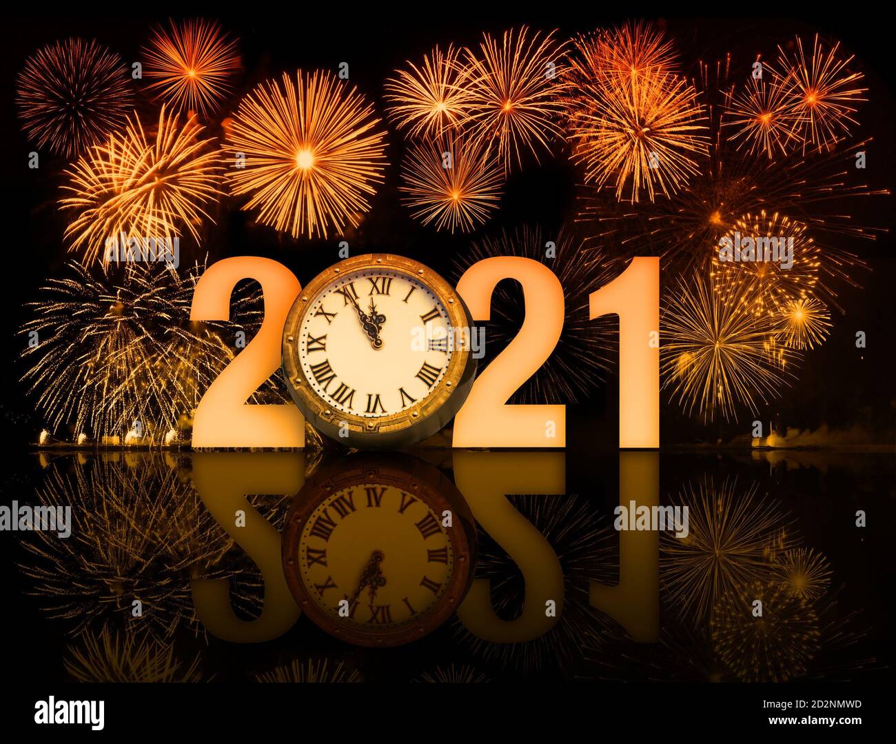 Neujahr 2021 Feuerwerk mit Zifferblatt Stockfoto