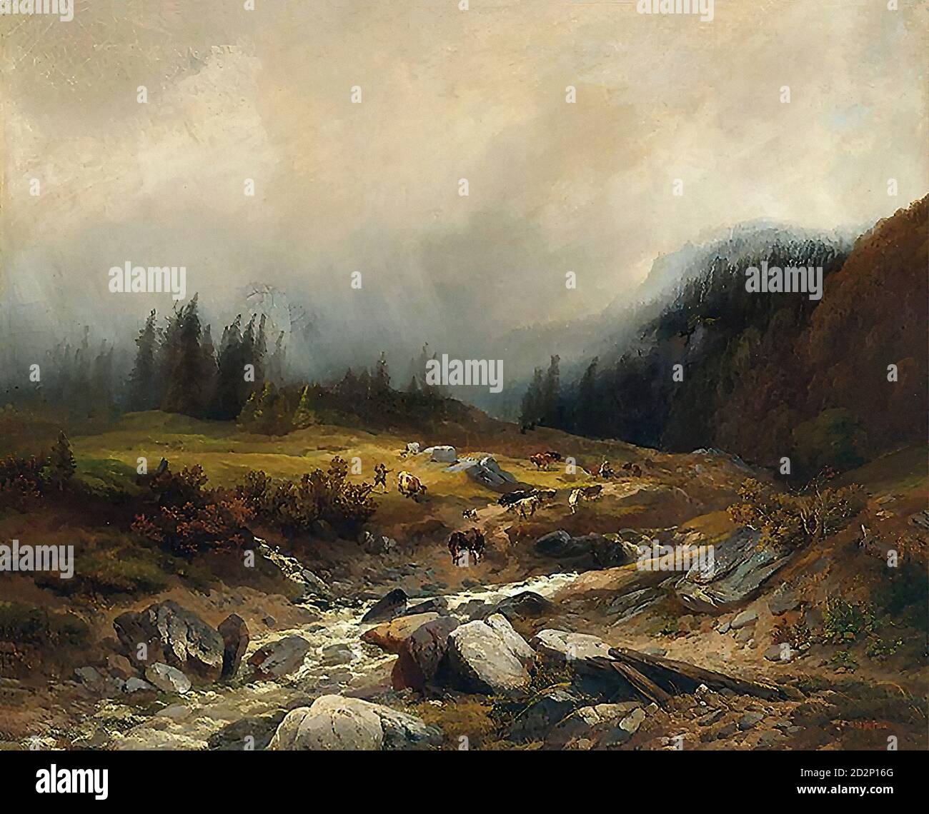 Steffan Johann Gottfried - ein Hirte, der seine Kühe vor sich versammelt Der herannahende Sturm - Schweizer Schule - 19. Jahrhundert Stockfoto