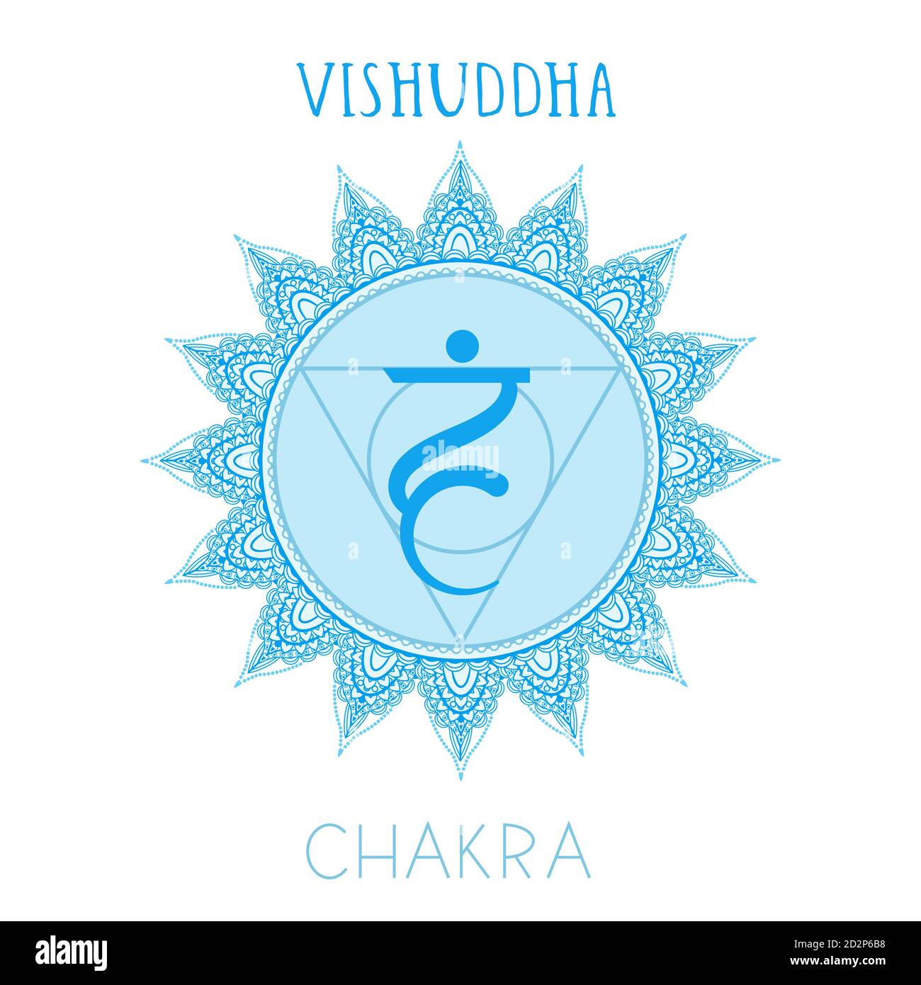 Vektor-Illustration mit Symbol Chakra Vishuddha auf weißem Hintergrund. Kreis-Mandala-Muster und handgezeichnete Schriftzüge. Stock Vektor