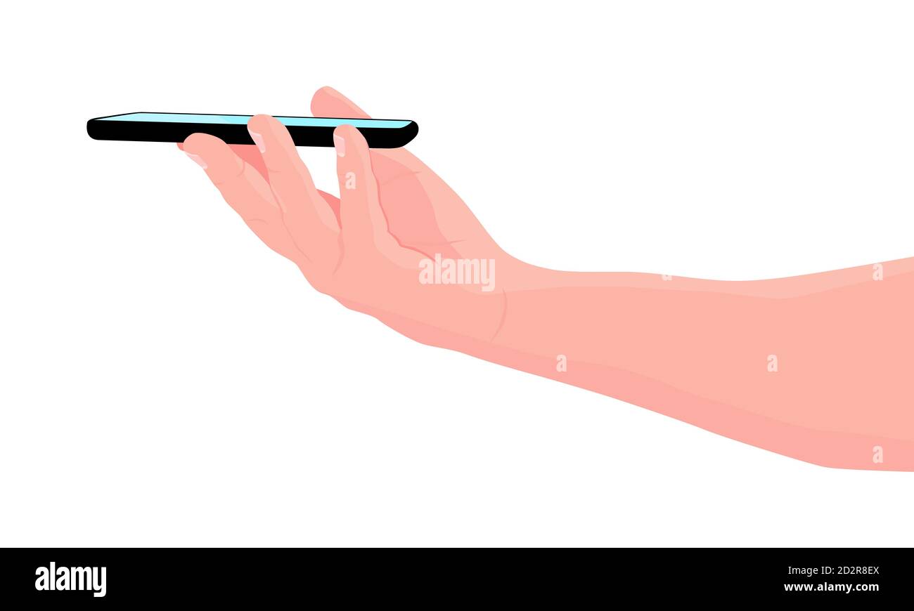 Handy in der Hand. Mann hält schwarzes Smartphone. Touchscreen mit dem Finger berühren. Platz für Text kopieren. Vektorgrafik, weißer Hintergrund Stock Vektor