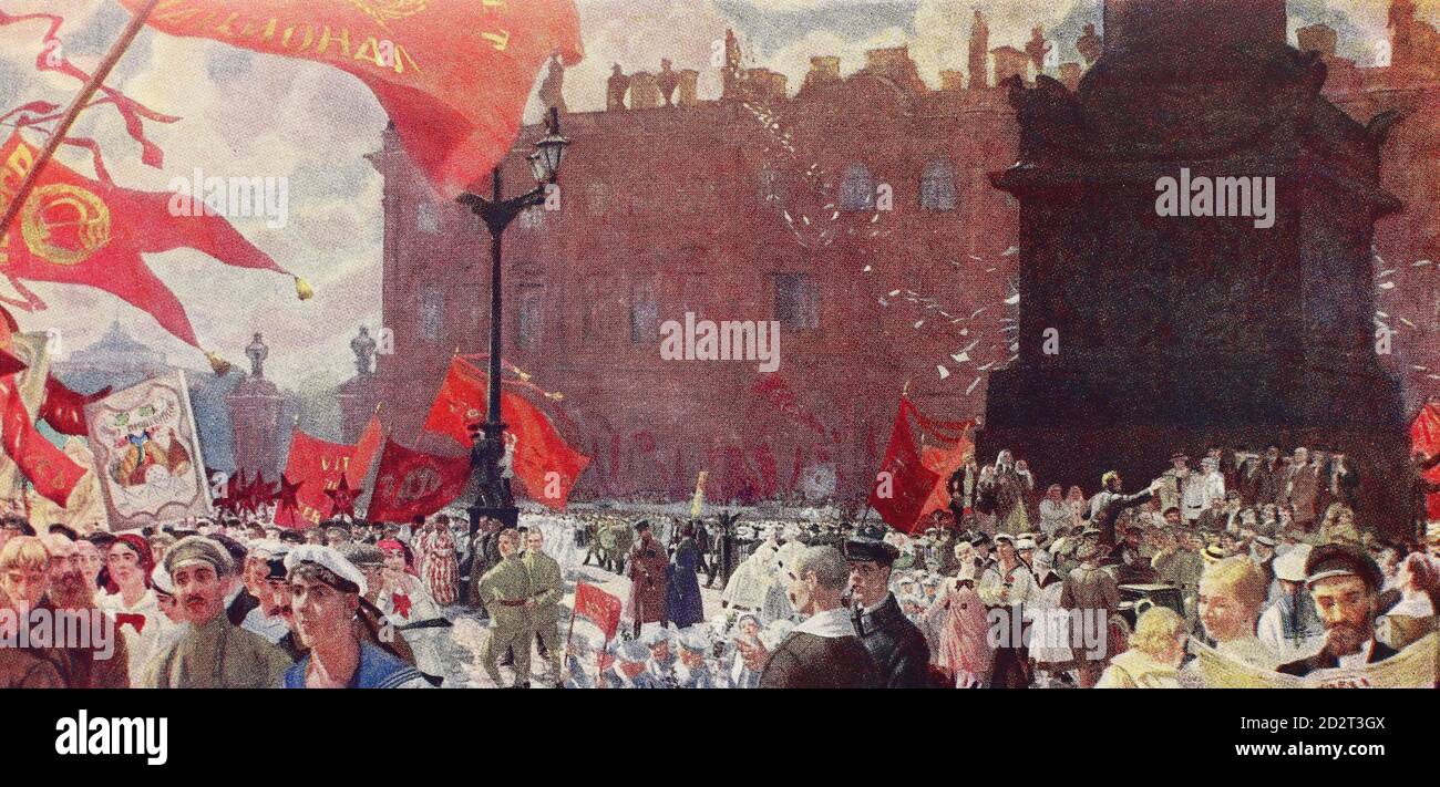Feier auf dem Uritsky Platz am Eröffnungstag des Kongresses der Komintern. Gemälde von B.M. Kustodiev, 1921. Stockfoto
