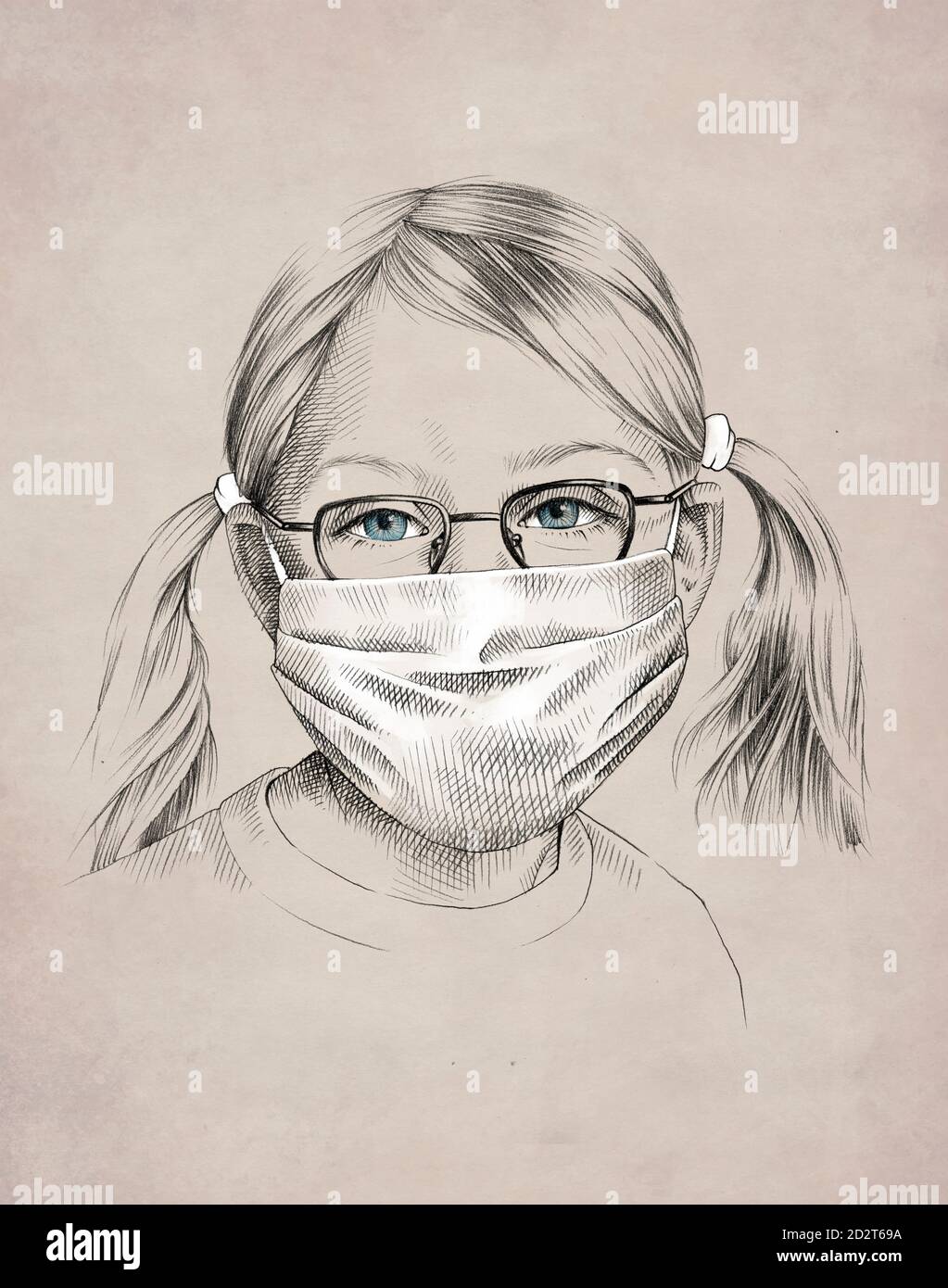 Zeichnung Von Entzuckenden Kleinen Madchen Mit Brille Mit Blauen Augen Tragen Einer Schutzmaske Wahrend Einer Coronavirus Pandemie Stockfotografie Alamy