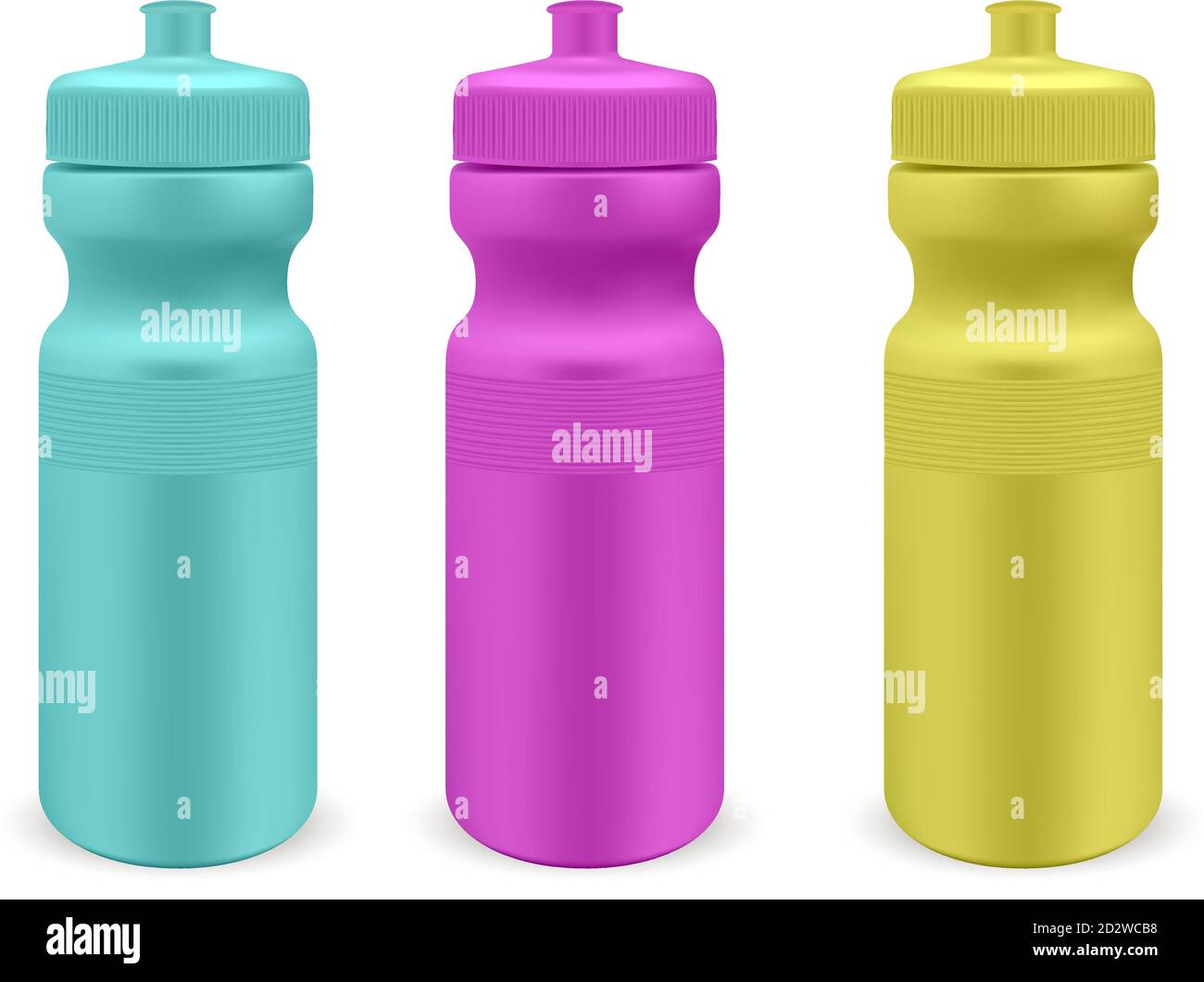 Matt Kunststoff Wasserflaschen Set. Ultra Color Foto realistische Verpackung Mockup Vorlage. Vorderansicht. Vektor-3d-Illustration. Stock Vektor