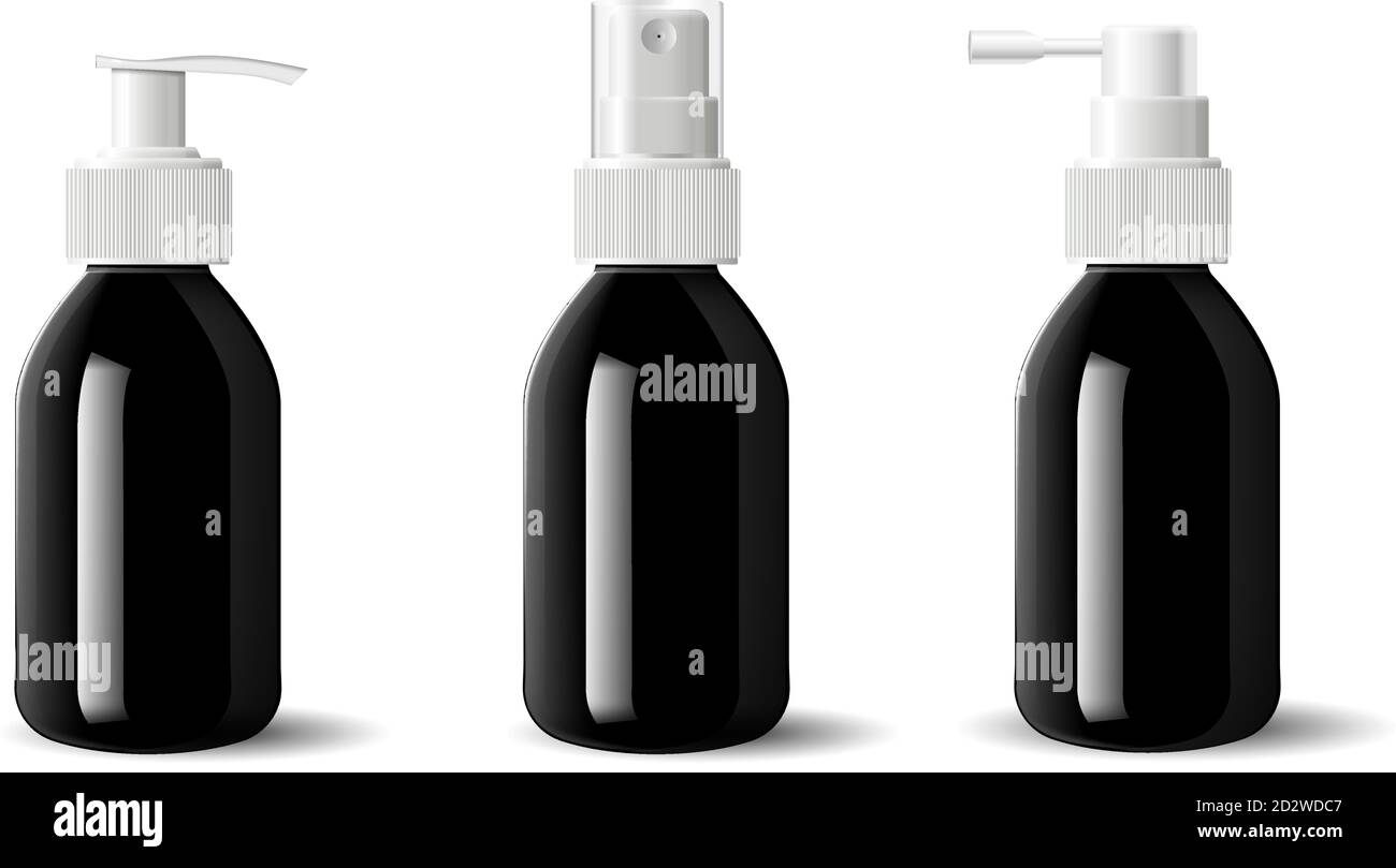 Realistisches schwarzes glänzendes Glas oder Kunststoff Kosmetikflaschen Spender Spray Pumpe Behälter. Mockup Schablone für Creme, Suppen und andere Kosmetika oder medi Stock Vektor