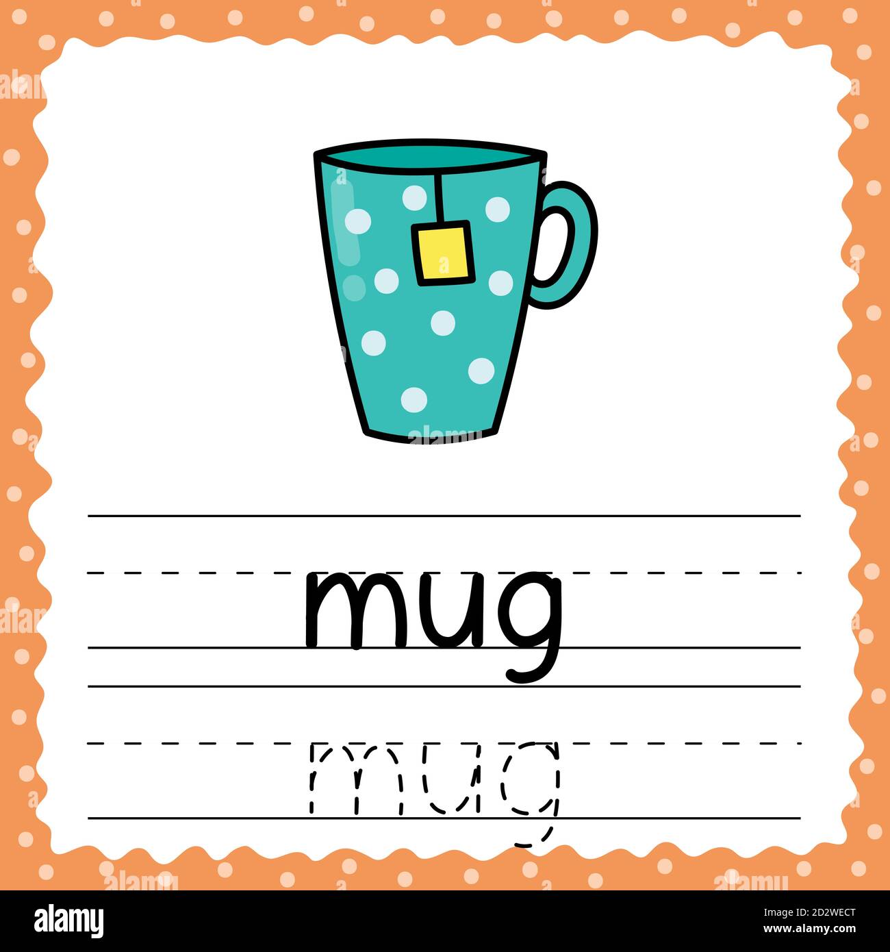 Lernen, Wort zu schreiben - Becher. Übungsblatt für Kinder schreiben Stock Vektor