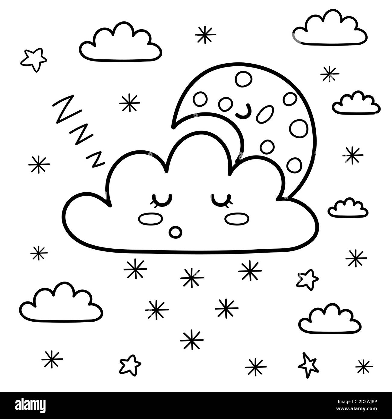 Schlafender Mond und verschneite Wolke in den Himmel Malseite. Fantasy Malbuch Stock Vektor