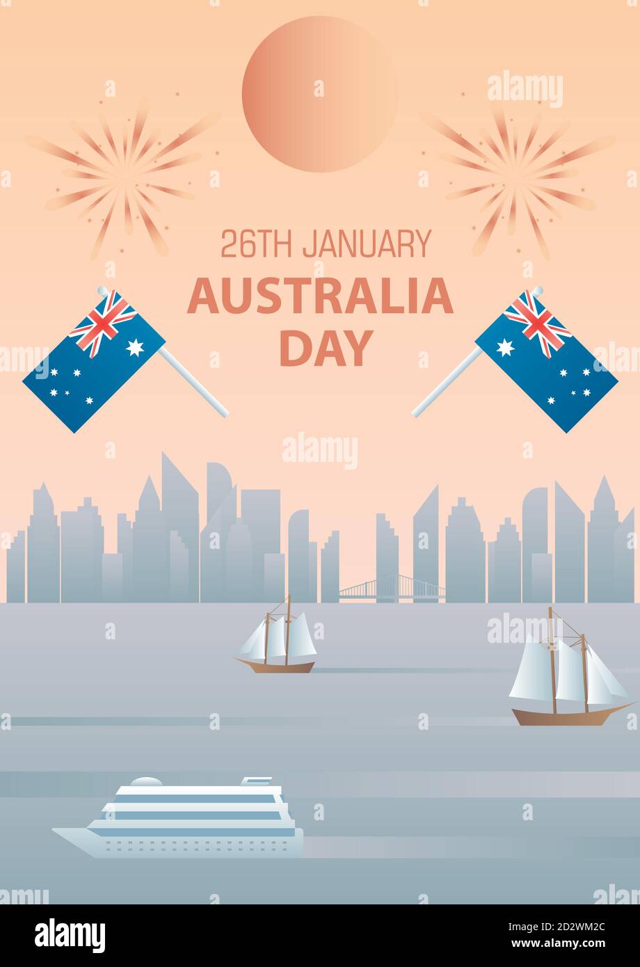 Australia Day 26. januar Vintage Poster vor der Kulisse der Stadt mit Fahnen und Feuerwerk. Stock Vektor