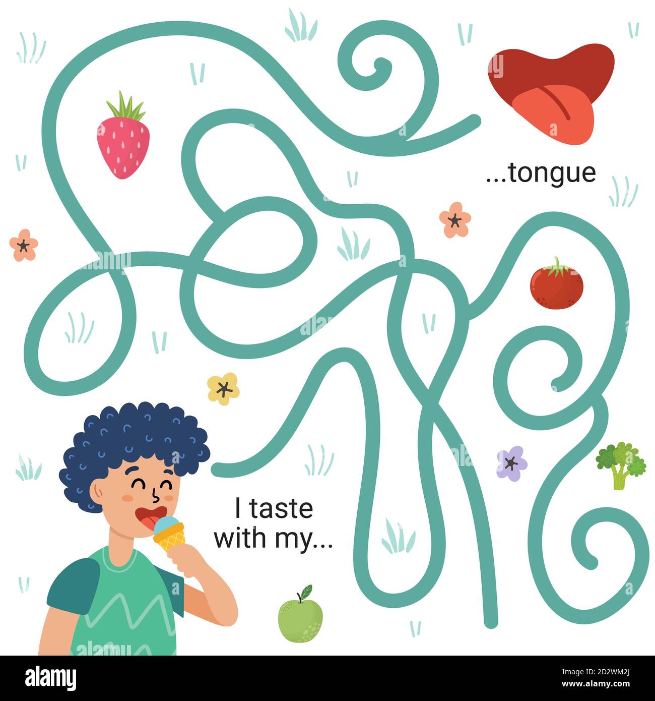 Ich schmecke mit meiner Zunge Labyrinth-Spiel für Kinder. Arbeitsblatt „fünf Sinne lernen“ Stock Vektor