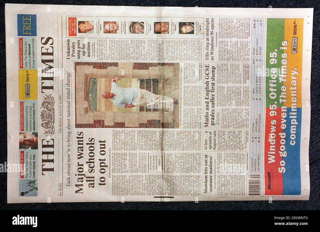 Das Titelbild der morgigen (Donnerstag) Times. Das Papier ist kostenlos für den Tag aufgrund der Microsoft-Computer-Softwear-Unternehmen, die für den gesamten Drucklauf als Teil seiner hochkarätigen Einführung seiner Windows 95 und Office 95 Computerprogramme bezahlt. SIEHE PA GESCHICHTE MEDIEN ZEITEN. Stockfoto