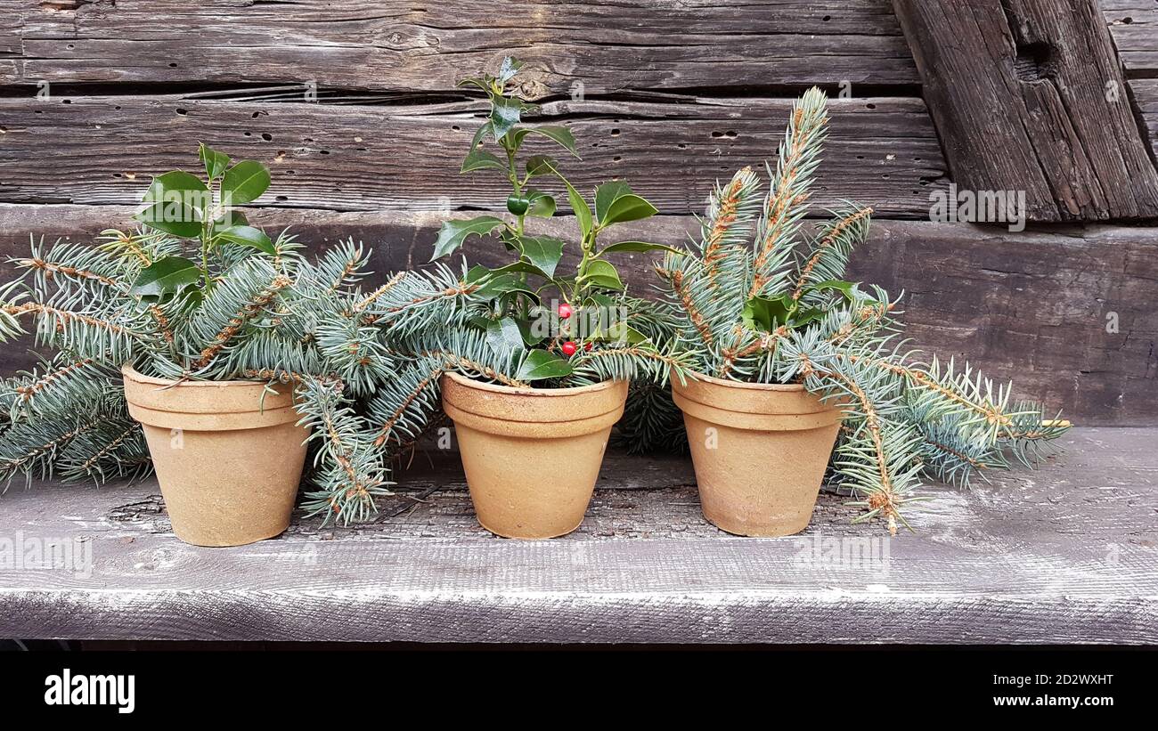 Einfache handgemachte rustikale Winterdekoration draußen Stockfoto