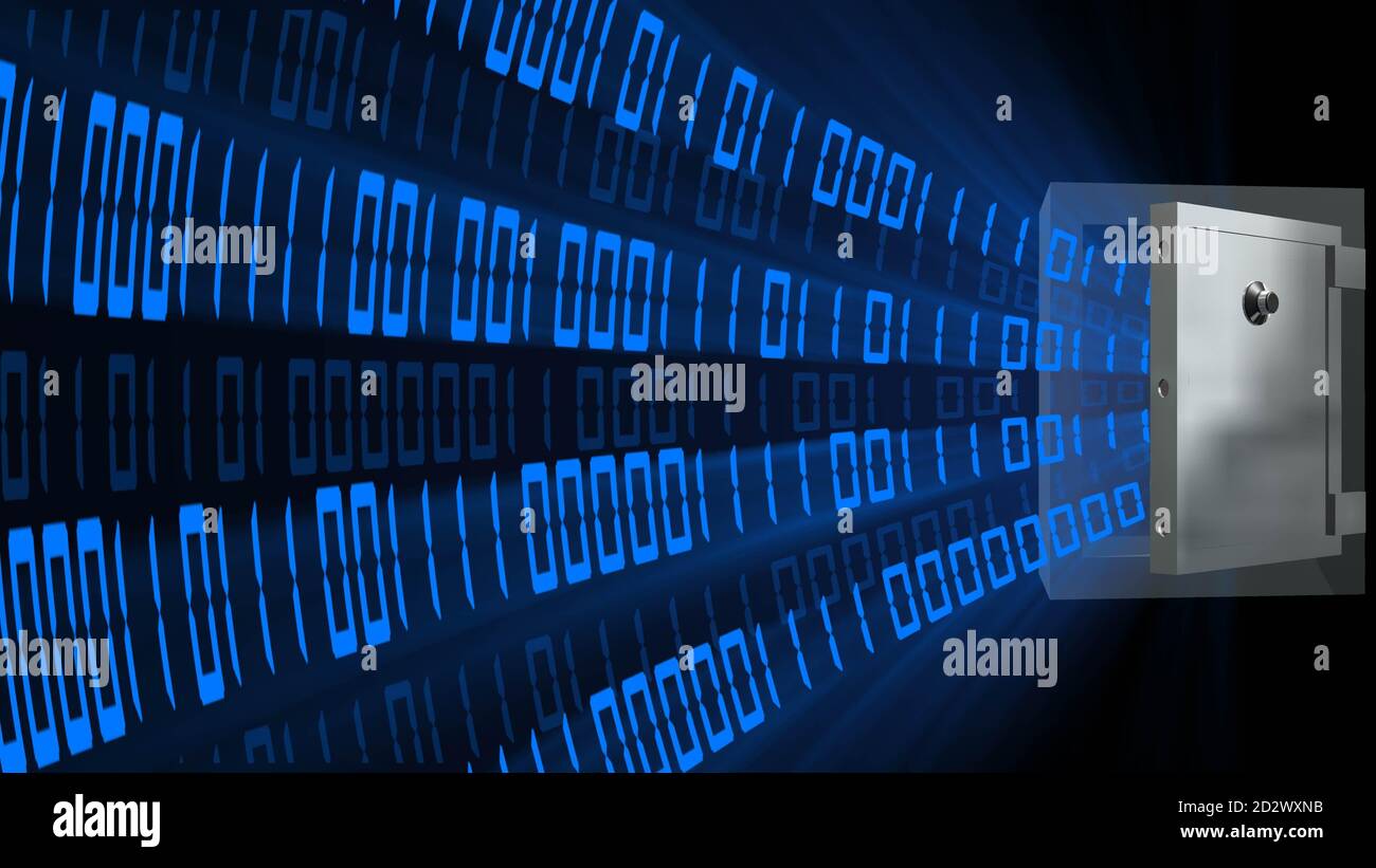 Hellblauer abstrakter Binärcode auf schwarzem Hintergrund mit verschiedenen Licht- und Schatteneffekte - Ziffernband kommt heraus Ein offener Safe - 3D-Illustration Stockfoto