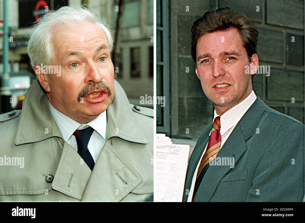 Zusammengesetzte Bilder von Douglas Hoyle Labour-Abgeordneten für Warrington North (22.3.93), links, und Alan Milburn, Labour-Abgeordneter für Darlington (27.8.93). Eine Frau, die sich nach dem tragischen Tod ihres Sohnes für eine Gesetzesänderung einsetzt, wird morgen (Sa) im Unterhaus sein und auf Zufriedenheit hoffen. Der neue Gesetzentwurf wird eine Lücke schließen, was bedeutet, dass der Mann, der den Schlag getroffen hat, der zum Tod ihres Sohnes führte, mit einem Angriff angeklagt werden könnte. Die beiden abgebildeten Abgeordneten waren an der Kampagne für die Gesetzesvorlage beteiligt. Siehe PA Story POLITICS Bill. Stockfoto