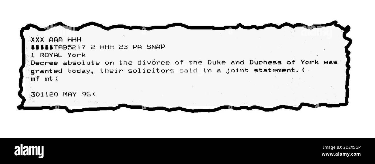 Ein Schnappschuss, der heute Morgen (Donnerstag) von PA News übertragen wurde und das Ende der Ehe des Herzogs und der Herzogin von York ankündigt. PA. SIEHE PA GESCHICHTE ROYAL YORK. Stockfoto