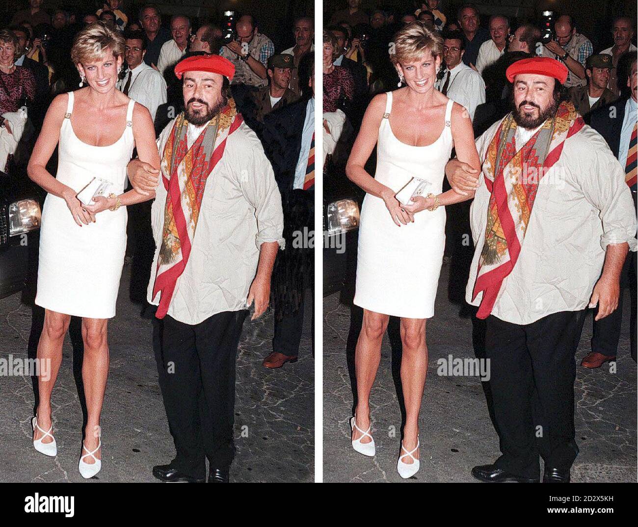 PAF: Der italienische Opernstar Luciano Pavarotti hat den Befehl bekommen, das Gewicht zu verlieren. Dieses Komposit zeigt den Schwergewichtstenor mit der Prinzessin von Wales und ein digital manipuliertes Bild mit einer schlanken Pavarotti. Siehe GESUNDHEIT Pavarotti Stockfoto