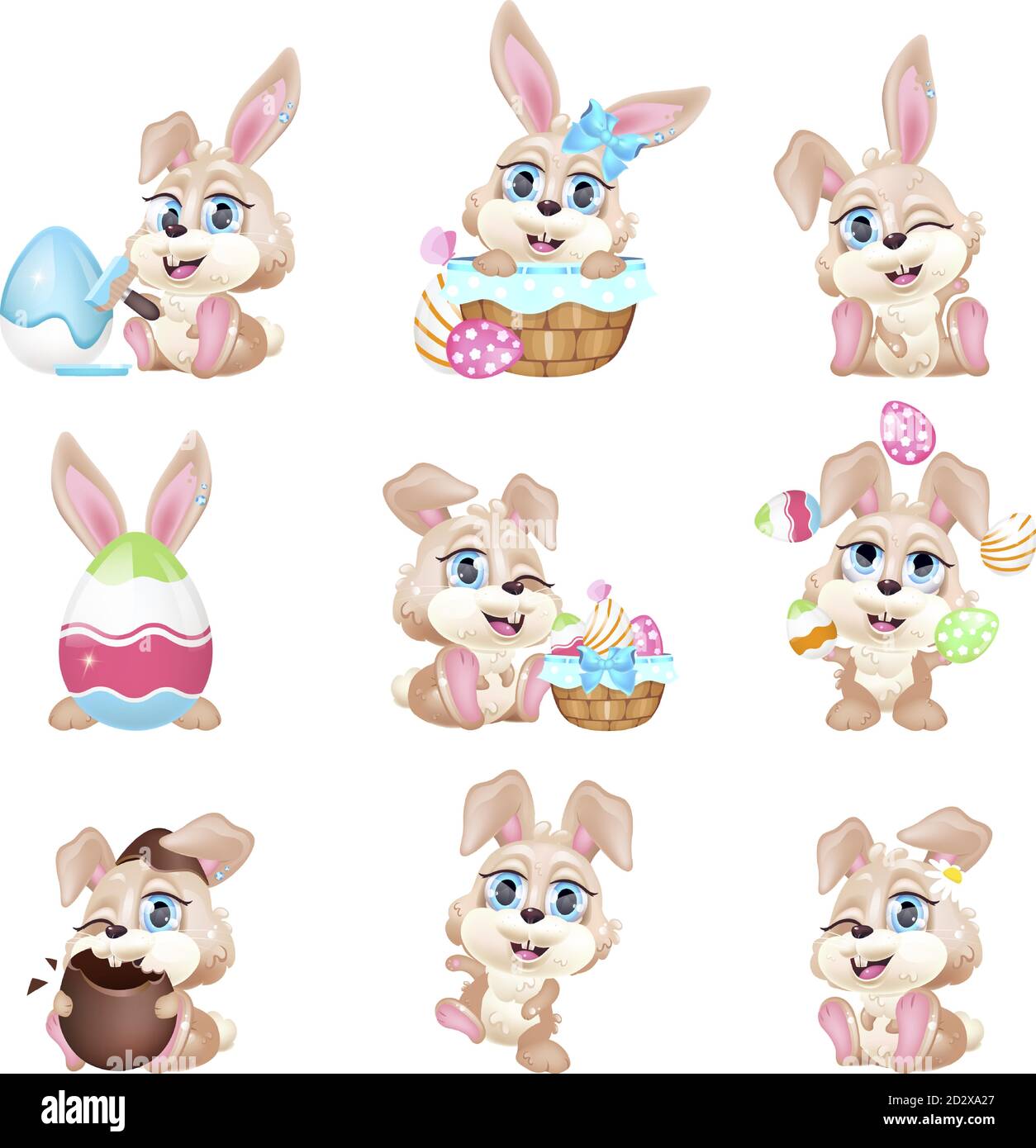 Niedliche Osterhasen kawaii Cartoon-Vektor-Zeichen gesetzt. Eier Jagd Symbol Urlaub Grußkarte Design Elemente. Liebenswert und lustige Kaninchen. Hasen Stock Vektor