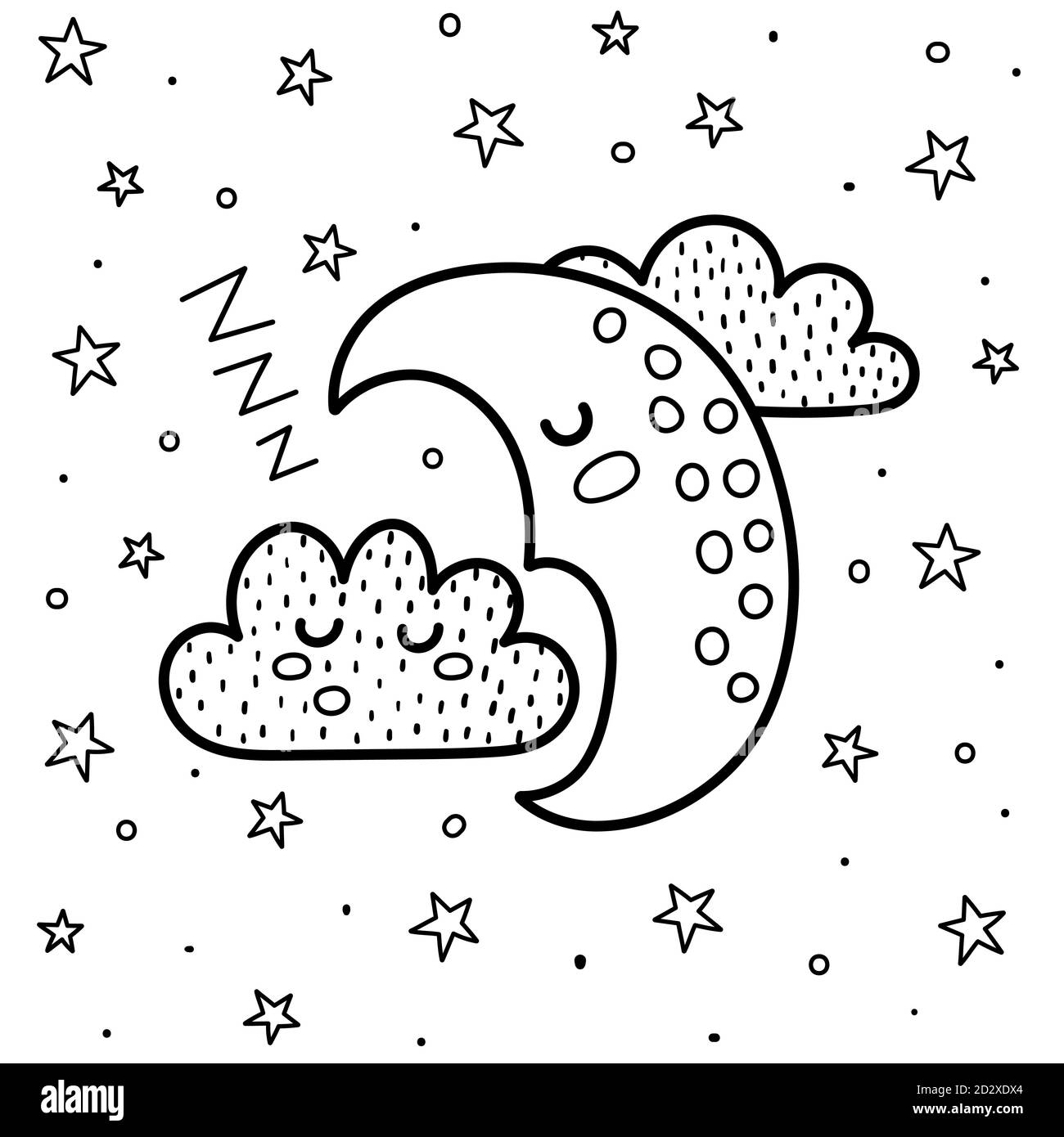 Gute Nacht Malseite mit einem niedlichen schlafenden Mond und Wolke. Schwarz-Weiß-Fantasy-Hintergrund Stock Vektor
