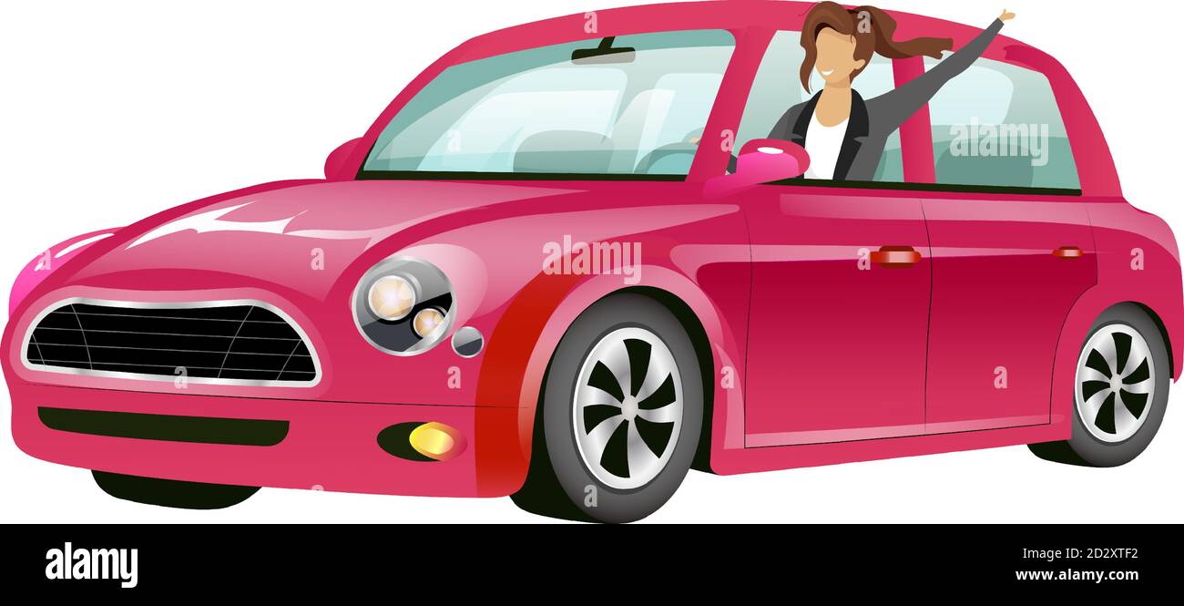 Mädchen fahren rosa Mini cooper flache Farbe Vektor gesichtslosen Charakter. Lächelnd junge Dame im Auto isoliert Cartoon Illustration für Web-Grafik-Design und Stock Vektor