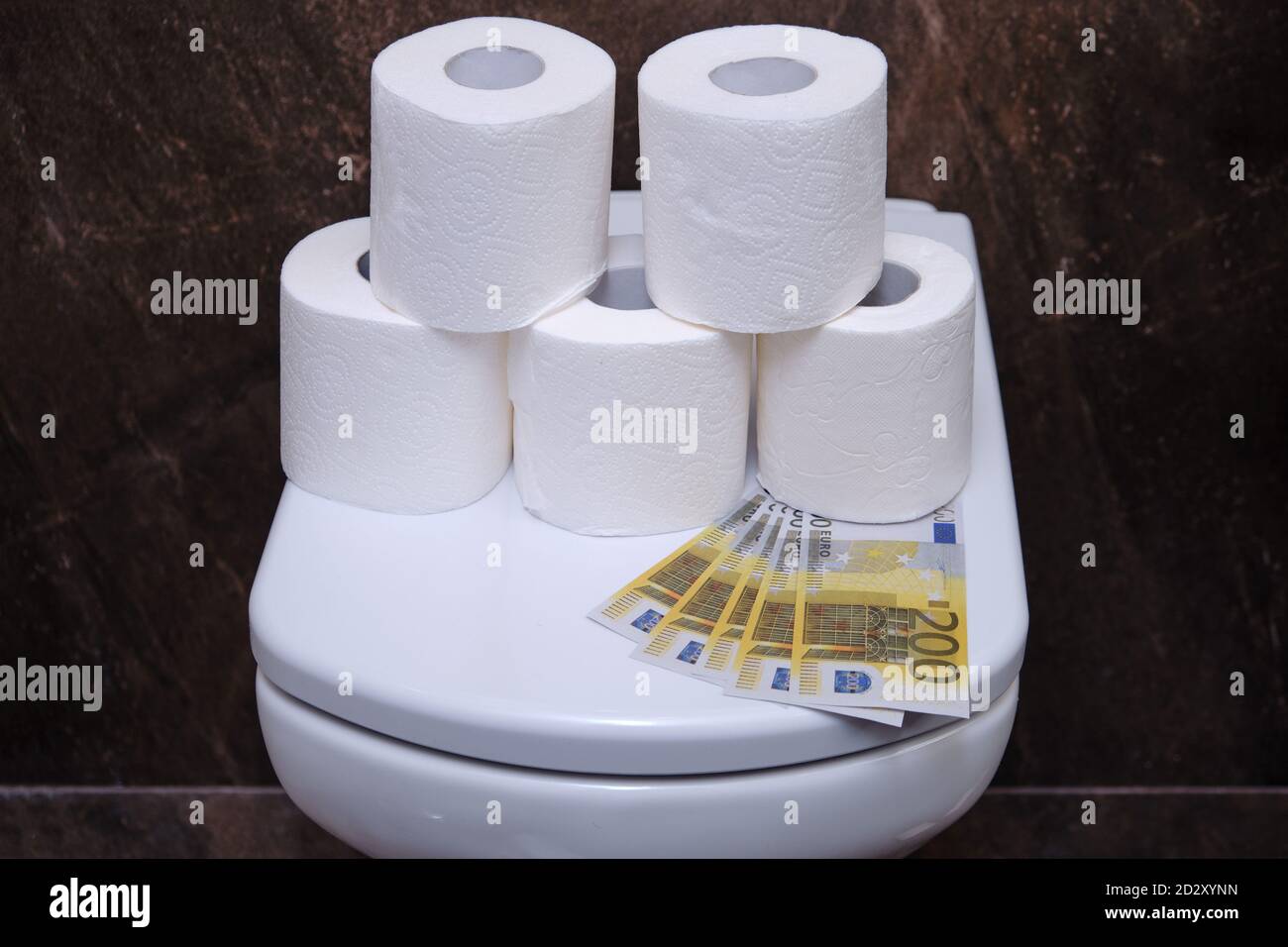 Euro-Geld auf dem Toilettendeckel, Konzept. Finanzielle Probleme durch Coronavirus und Mangel an Toilettenpapier. Stockfoto