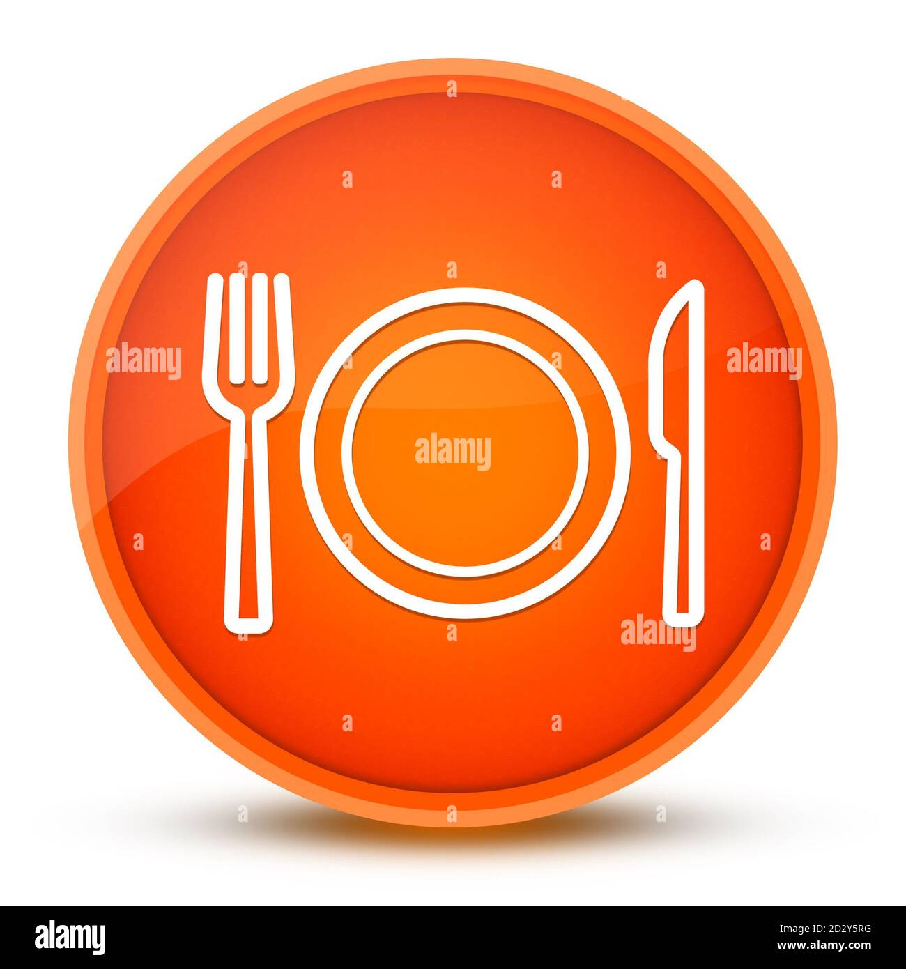 Teller mit Gabel und Messer luxuriöser glänzender orangefarbener Rundknopf Abstrakte Illustration Stockfoto