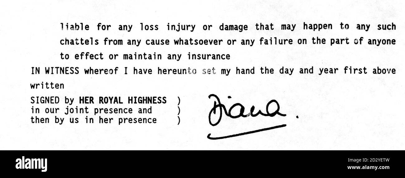 Die letzte, unterzeichnete Seite des Testamentes von Diana, Prinzessin von Wales, die heute (Montag) von Rechtsanwälten, Lawrence Graham, veröffentlicht wurde, die für die Vollstrecker ihres Nachlasses handeln. Ihre beiden Söhne, die Prinzen William und Harry, erhalten den Großteil des Nettovermögens von fast 13 Millionen nach Steuern. Weitere Begünstigte sind ihre 17 Patenkinder und der ehemalige Butler Paul Burrell. Siehe PA Geschichte DIANA will. Stockfoto
